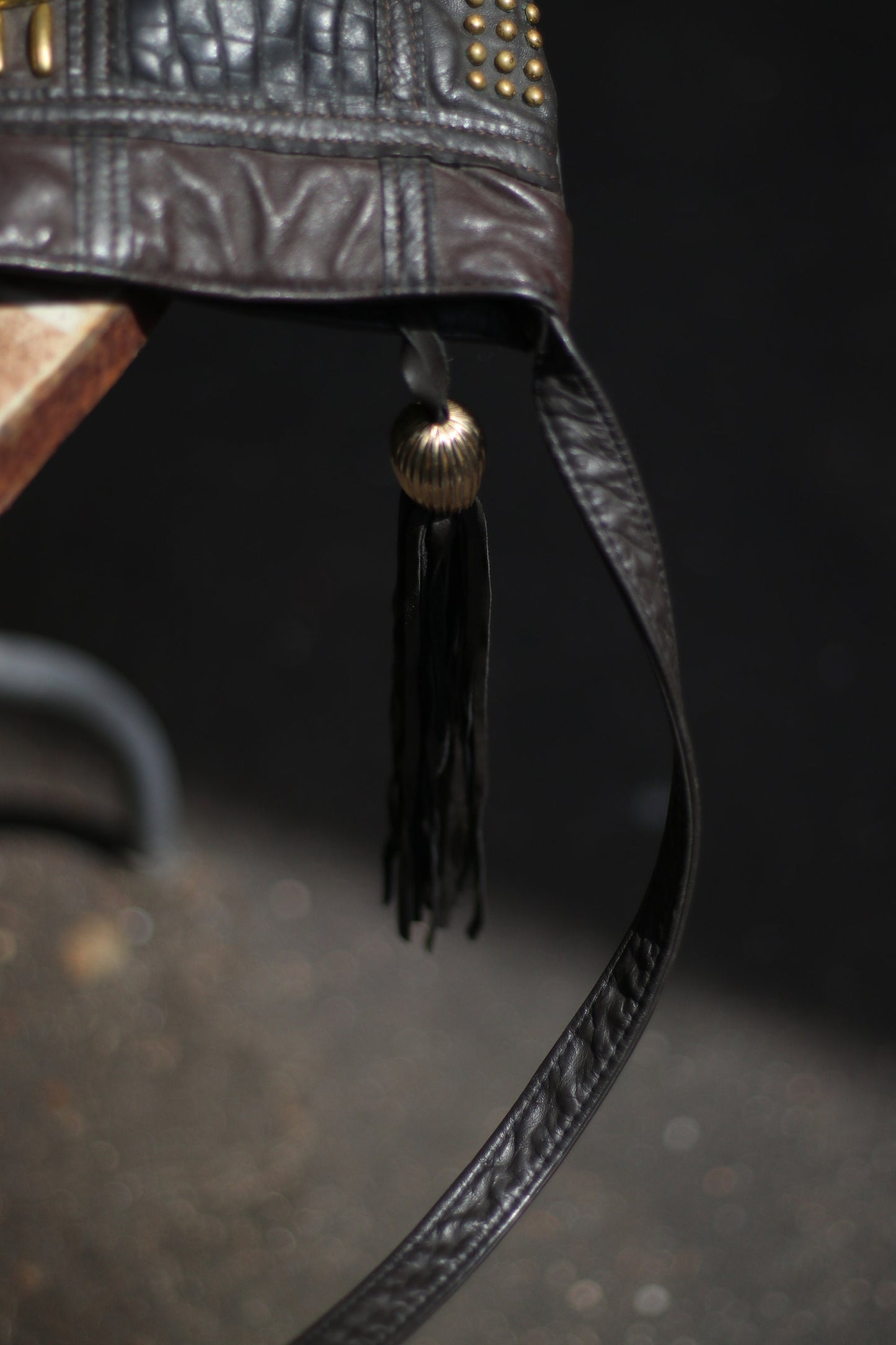 80s faux leather bag Vintage vegan shoulderbag with gold colored details and tassels