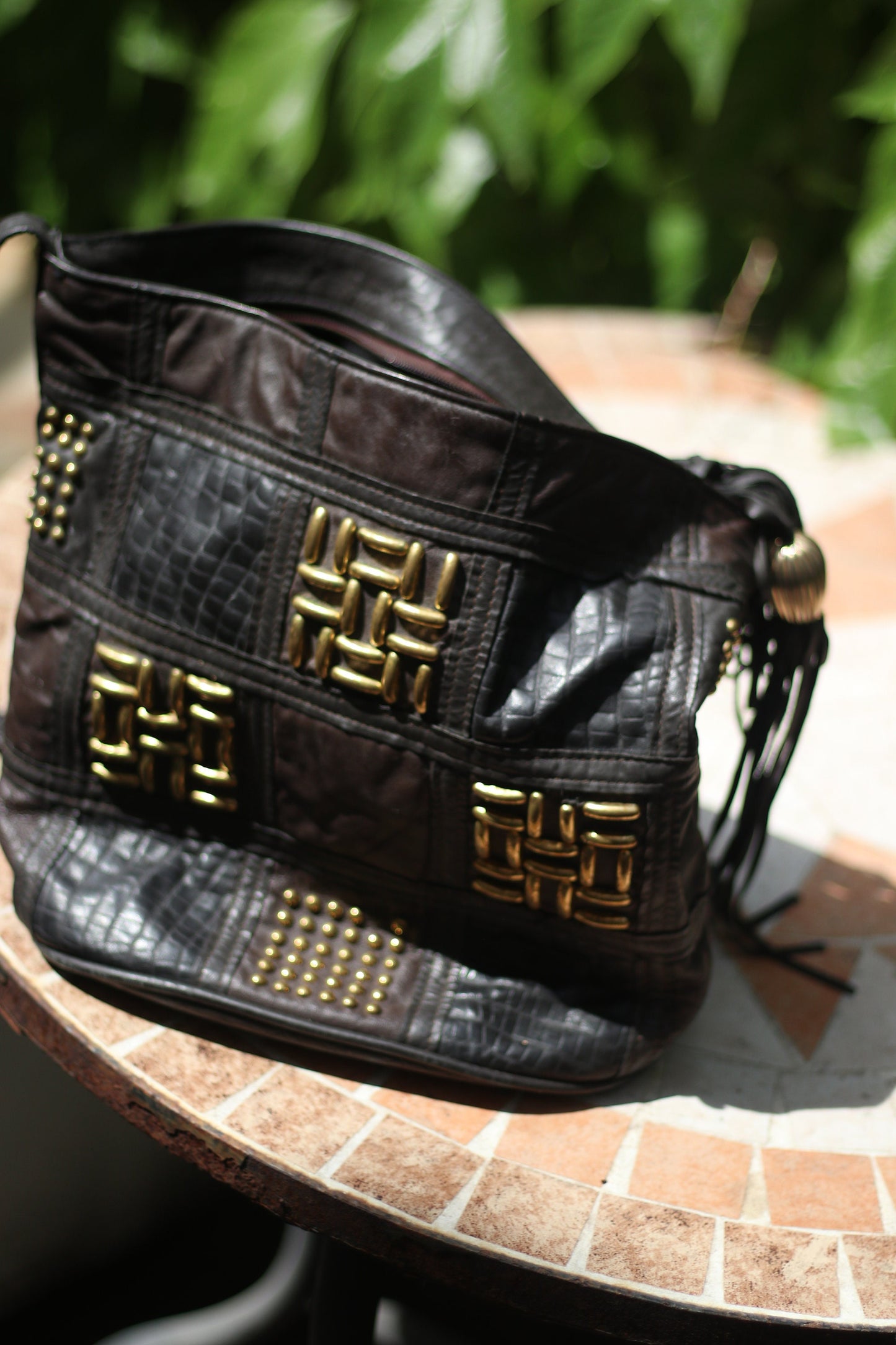 80s faux leather bag Vintage vegan shoulderbag with gold colored details and tassels