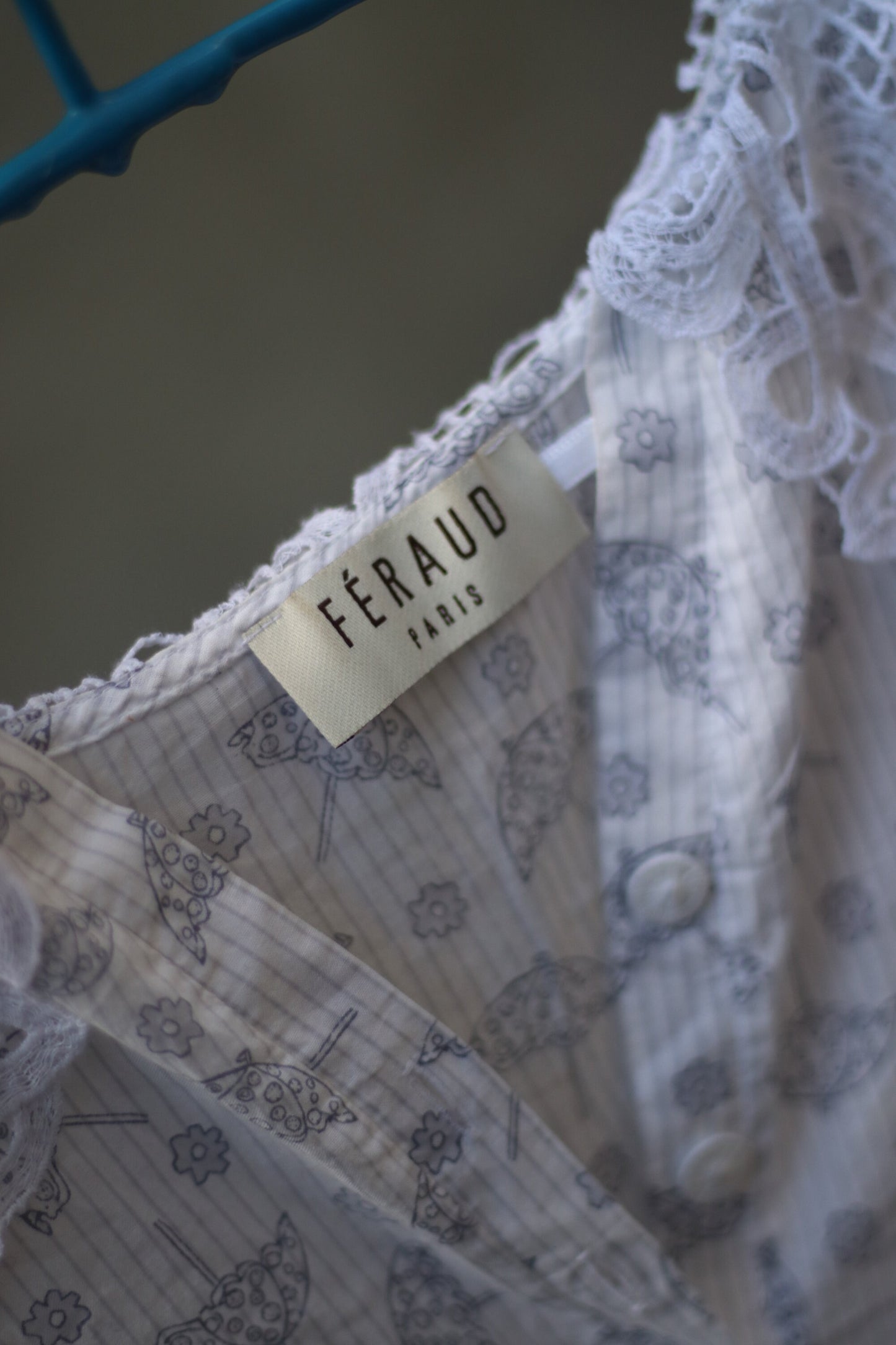 90s Feraud Paris Summer Blouse| Vintage White Blouse with blue umbrella print | Statement collar shirt