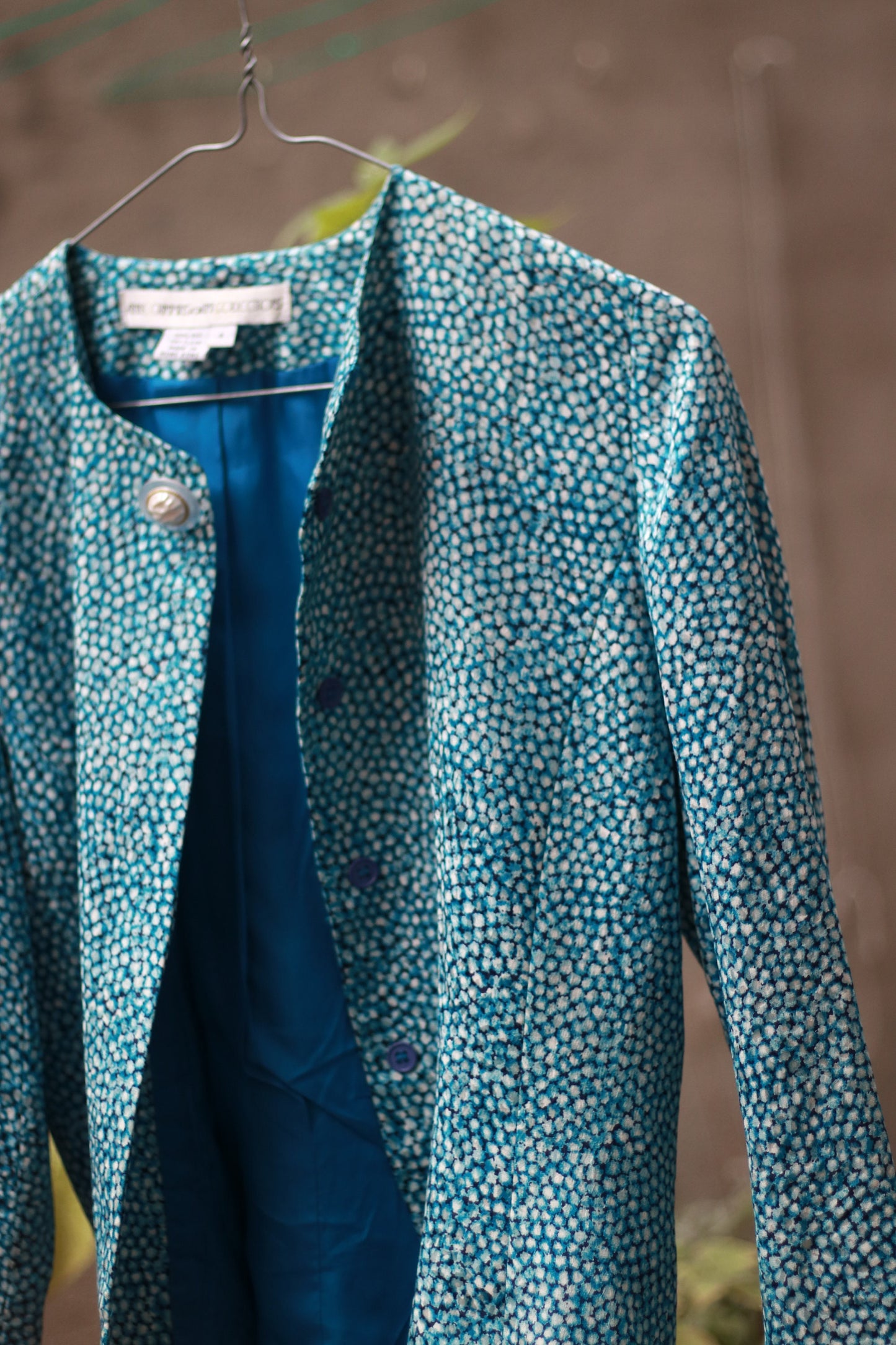 Anne Crimmins For Umi Collections| Vintage Silk Evening Jacket in blue and white with Scalloped hemline