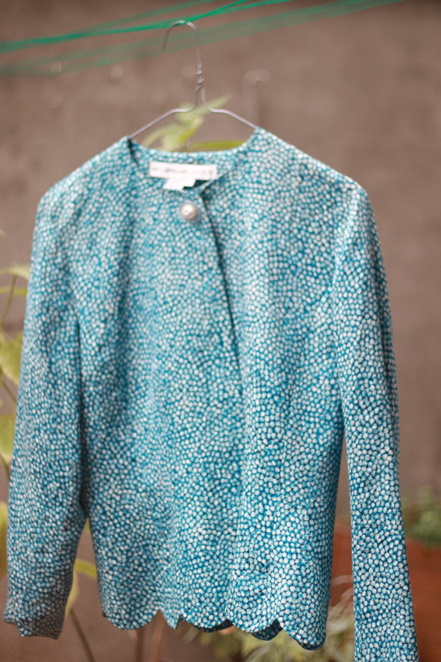 Anne Crimmins For Umi Collections| Vintage Silk Evening Jacket in blue and white with Scalloped hemline