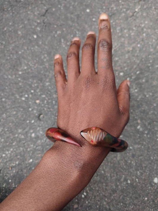 vintage wooden bracelet| Ethnic Snake motif bracelet in brown and red| Bohemian wooden jewellery