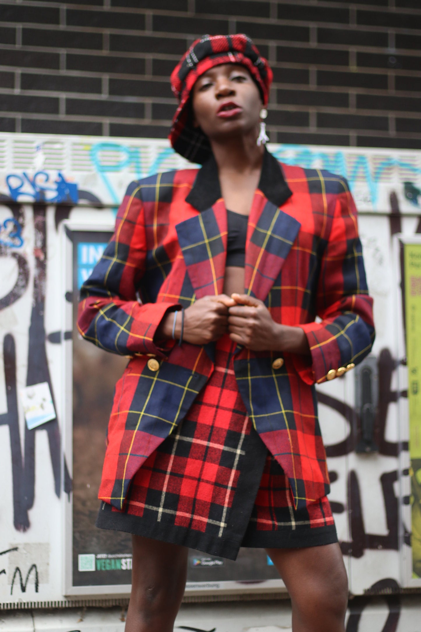 90s Plaid Skirt Vintage Express Wrap Checkered Skirt with statement Button Size Small to Medium