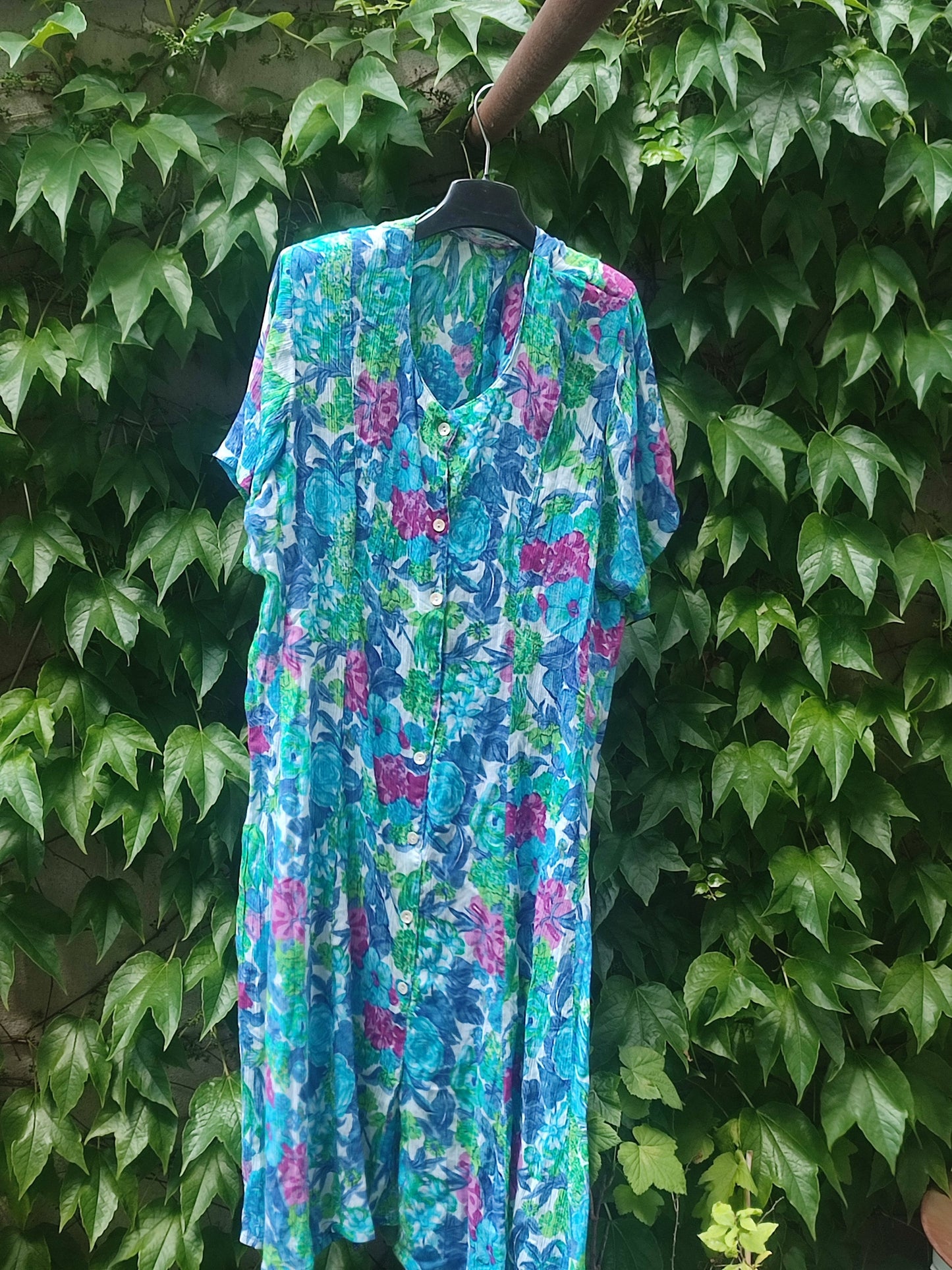 90s Floral Print Dress| Vintage Buttoned down Summer dress in blue