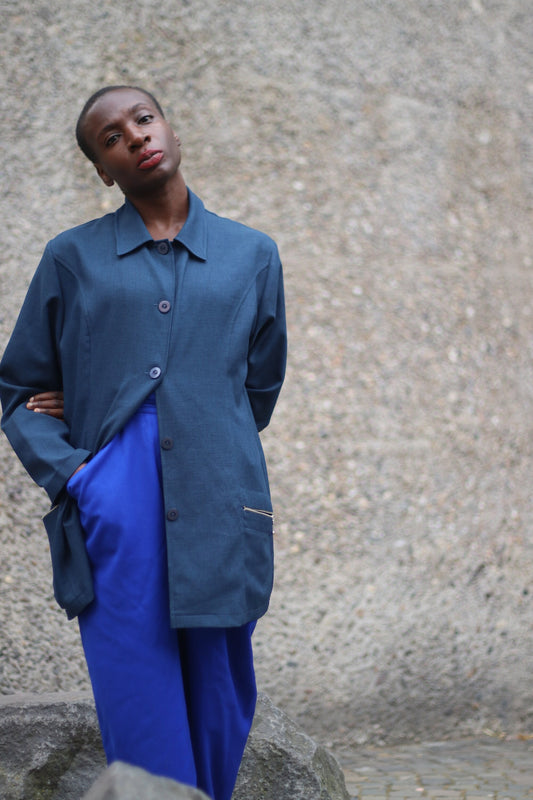 y2k Classic Shirt|  Vintage Blue oversized shirt with statement pockets|  Minimalist Blue Avantgarde design