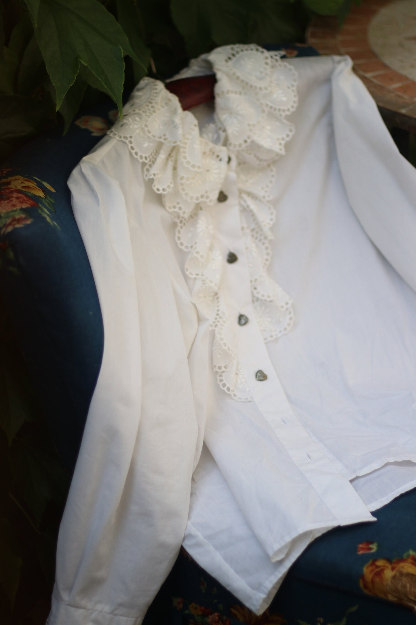 80s cottage core cotton blouse| Vintage feminine white shirt with statement heart collar and oversized collar