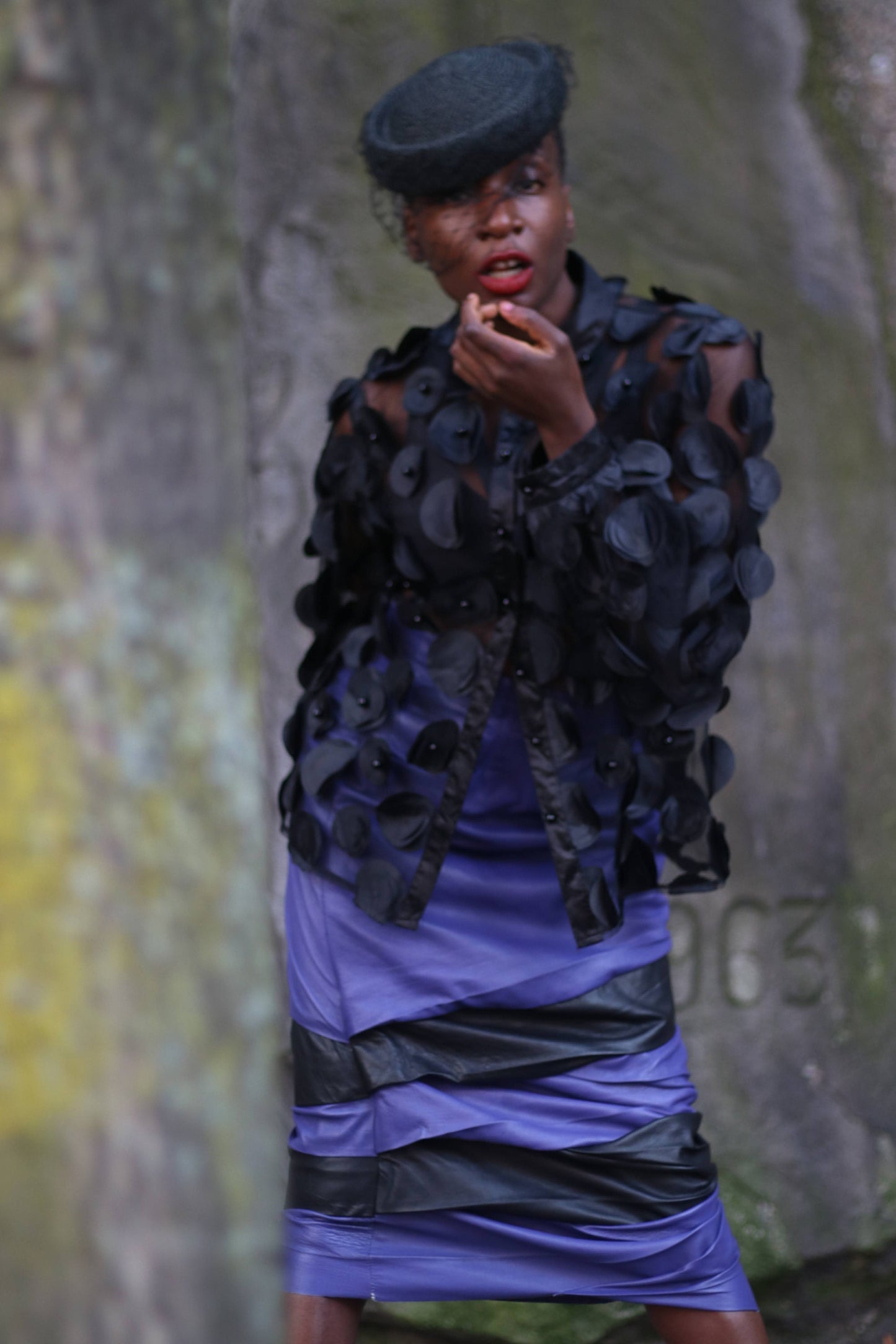 80s Purple Leather Skirt| Vintage avantgarde leather skirt in black and purple|Maximalist statement rouched midi skirt