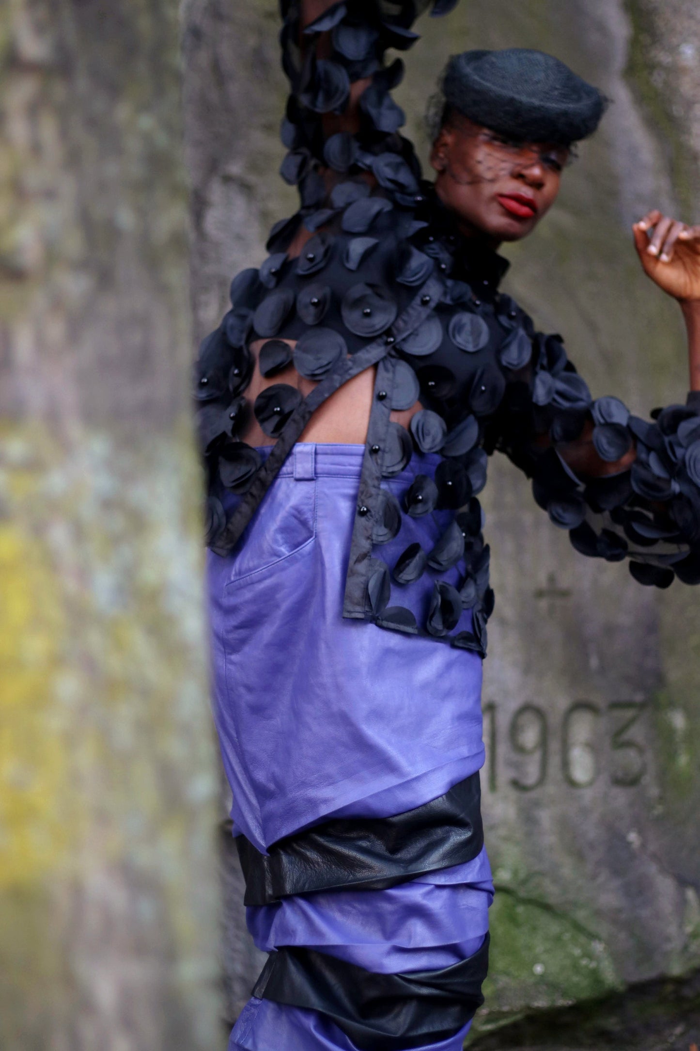80s Purple Leather Skirt| Vintage avantgarde leather skirt in black and purple|Maximalist statement rouched midi skirt