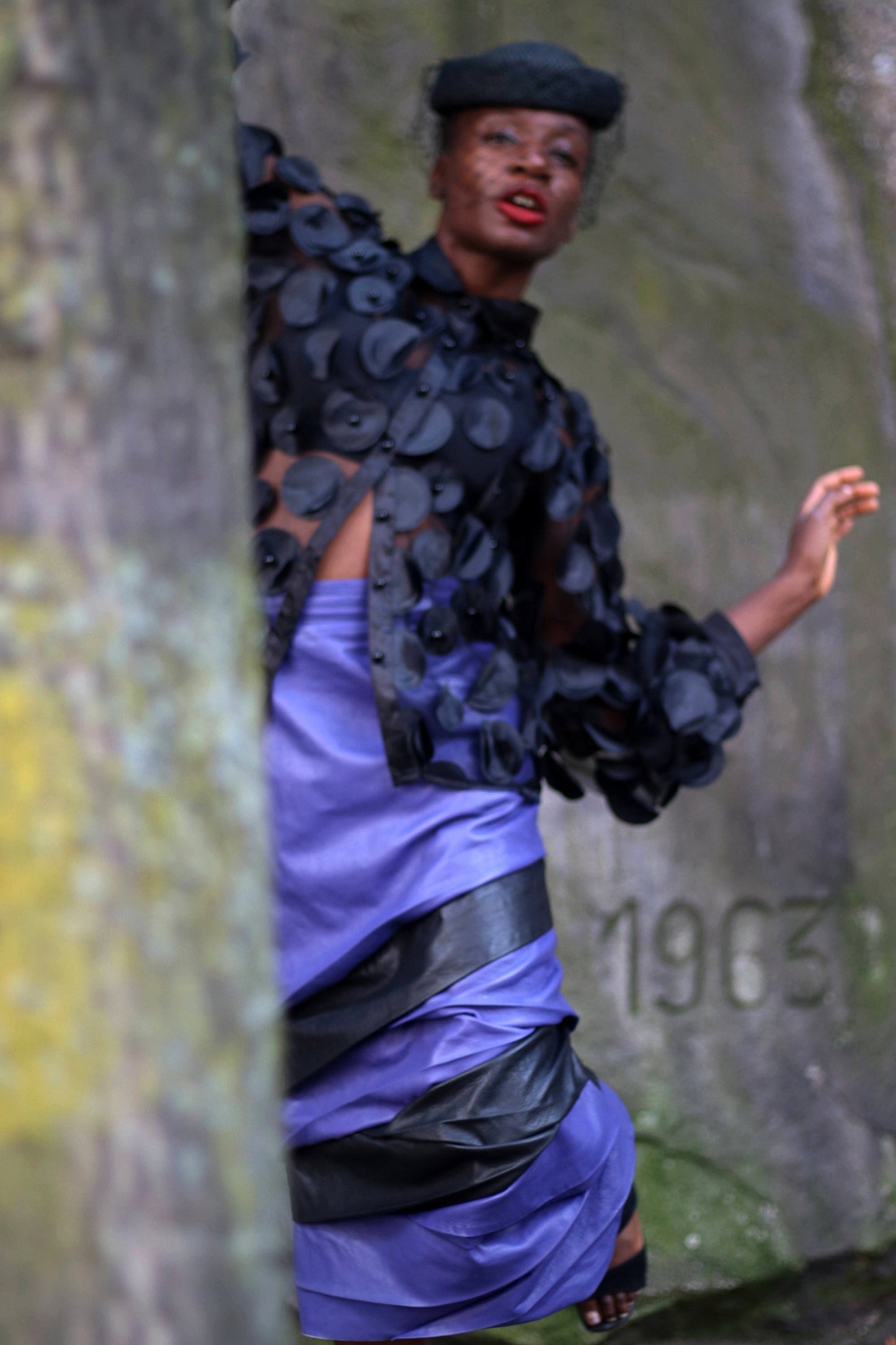 80s Purple Leather Skirt| Vintage avantgarde leather skirt in black and purple|Maximalist statement rouched midi skirt