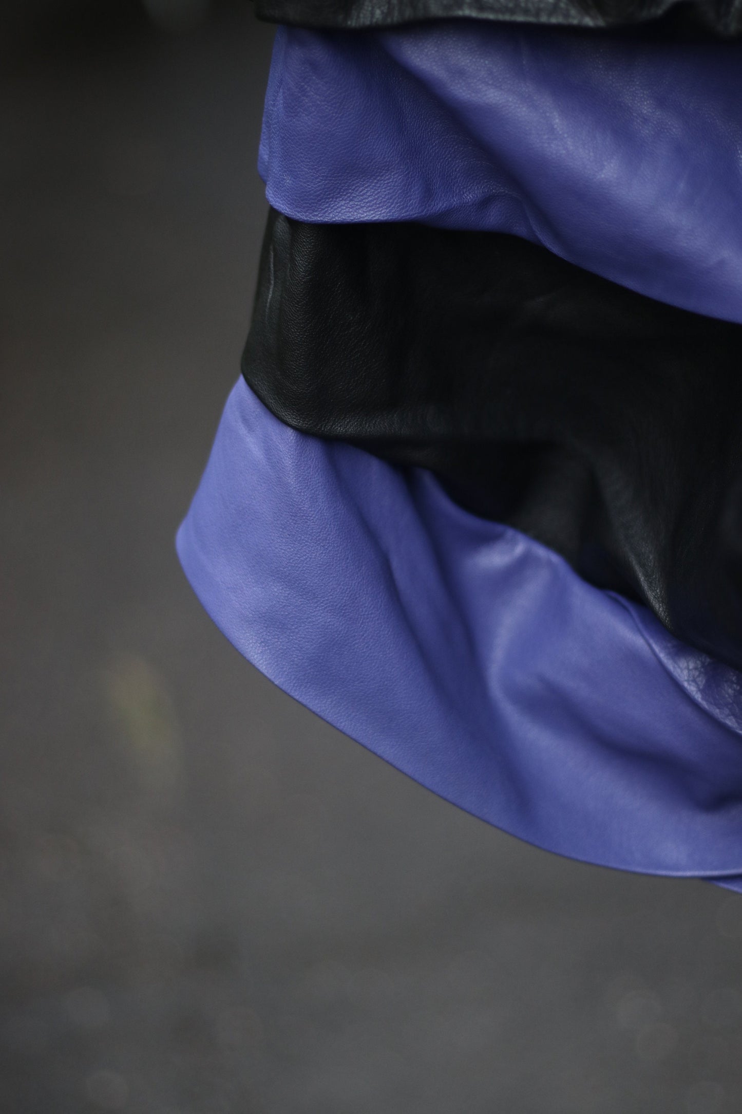 80s Purple Leather Skirt| Vintage avantgarde leather skirt in black and purple|Maximalist statement rouched midi skirt