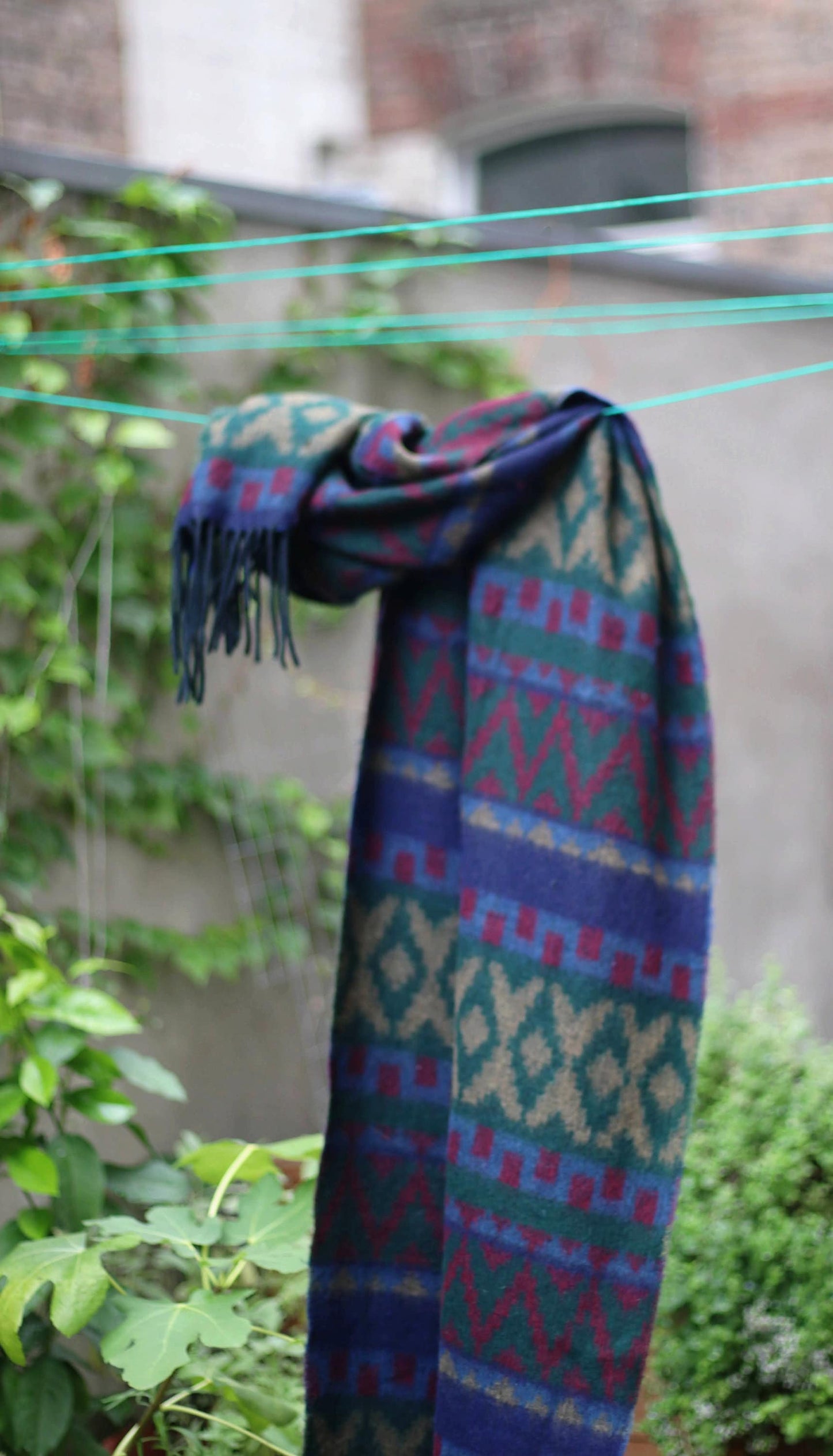 90s Multi Colored Scarf | Vintage oversized blue winter scarf| Quirky print scarf with tassles