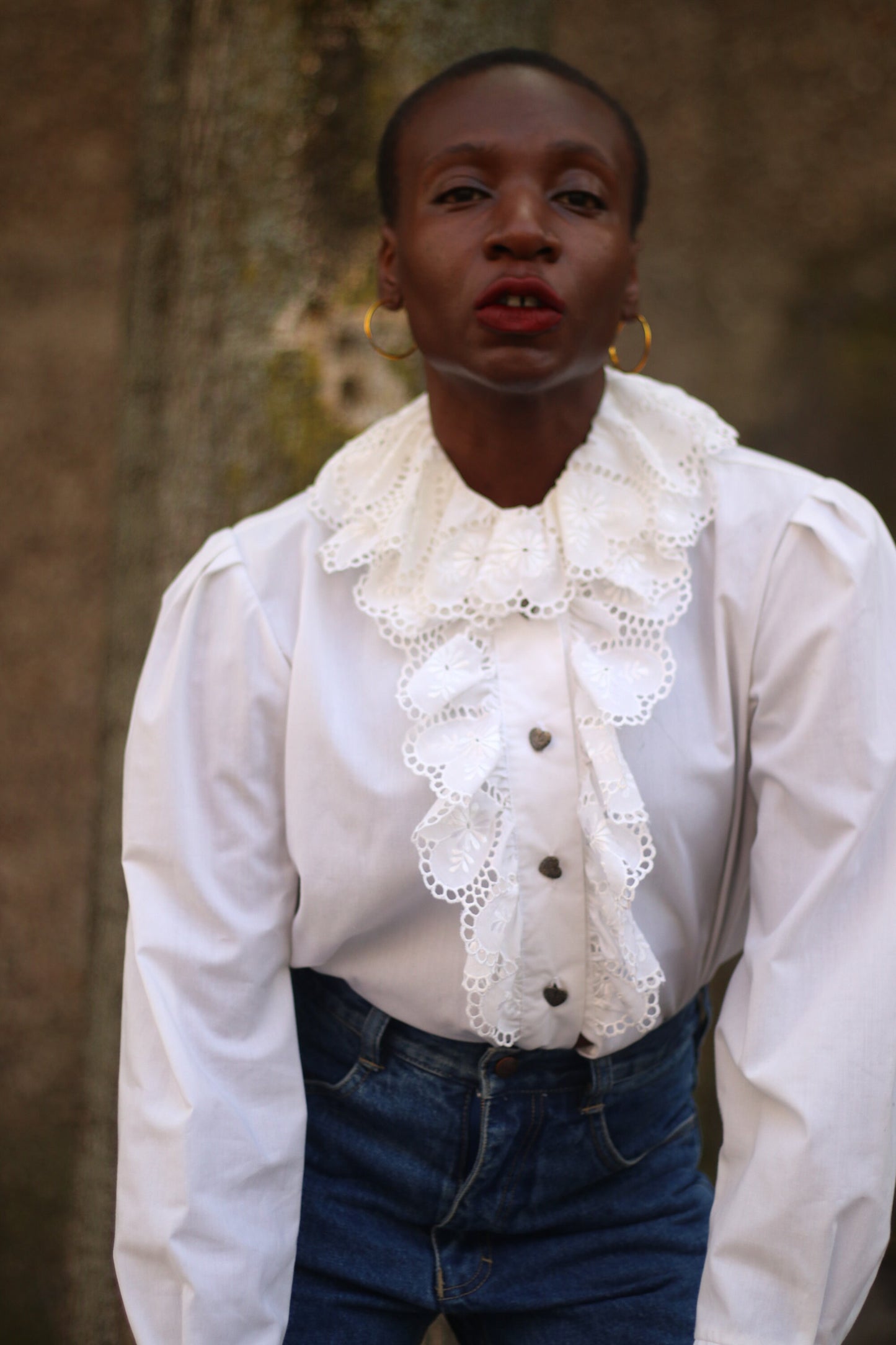 80s cottage core cotton blouse| Vintage feminine white shirt with statement heart collar and oversized collar