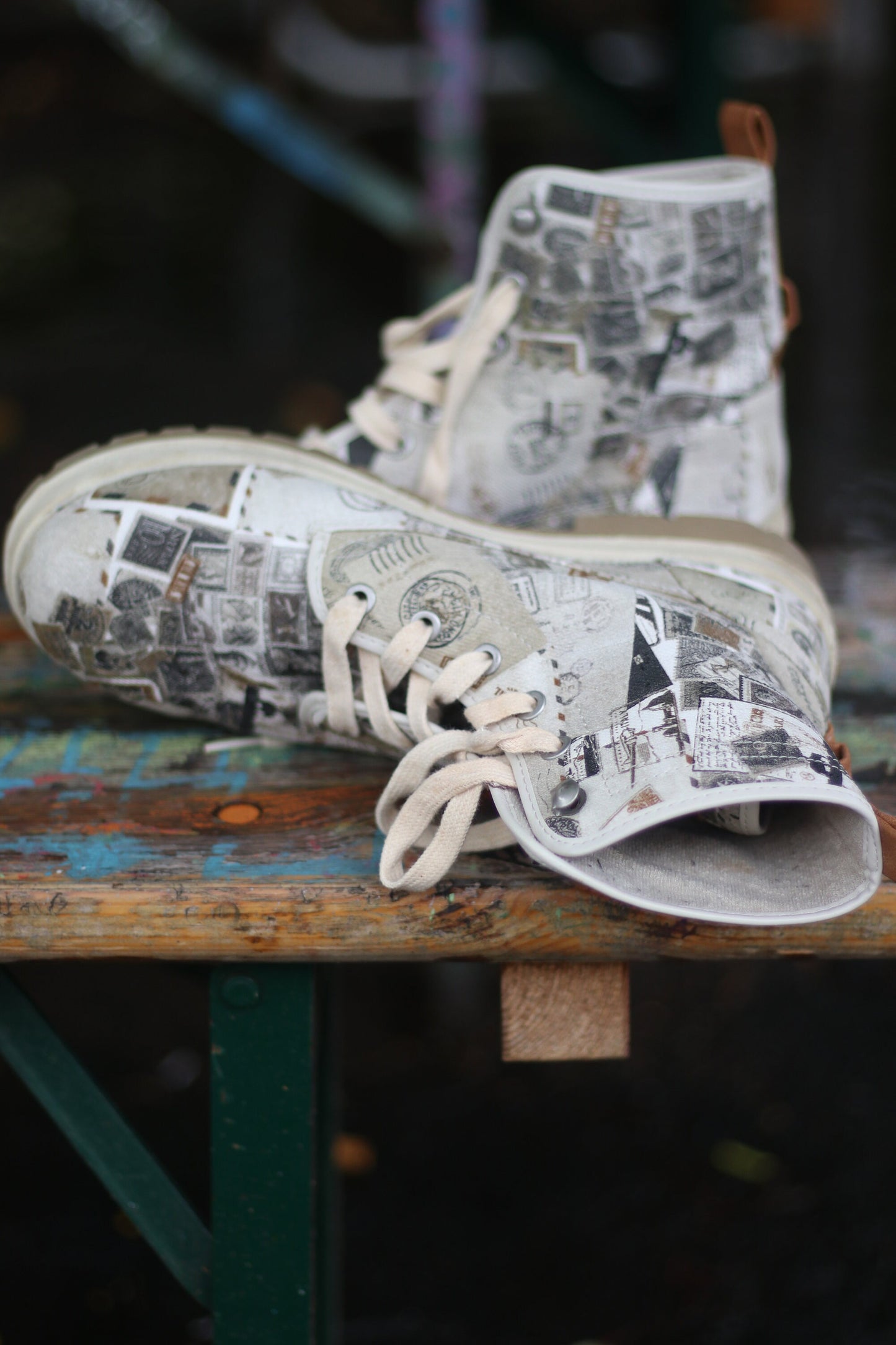 y2k Mustang Chunky Boots| Vintage grey canvas streetwear statement printed shoes