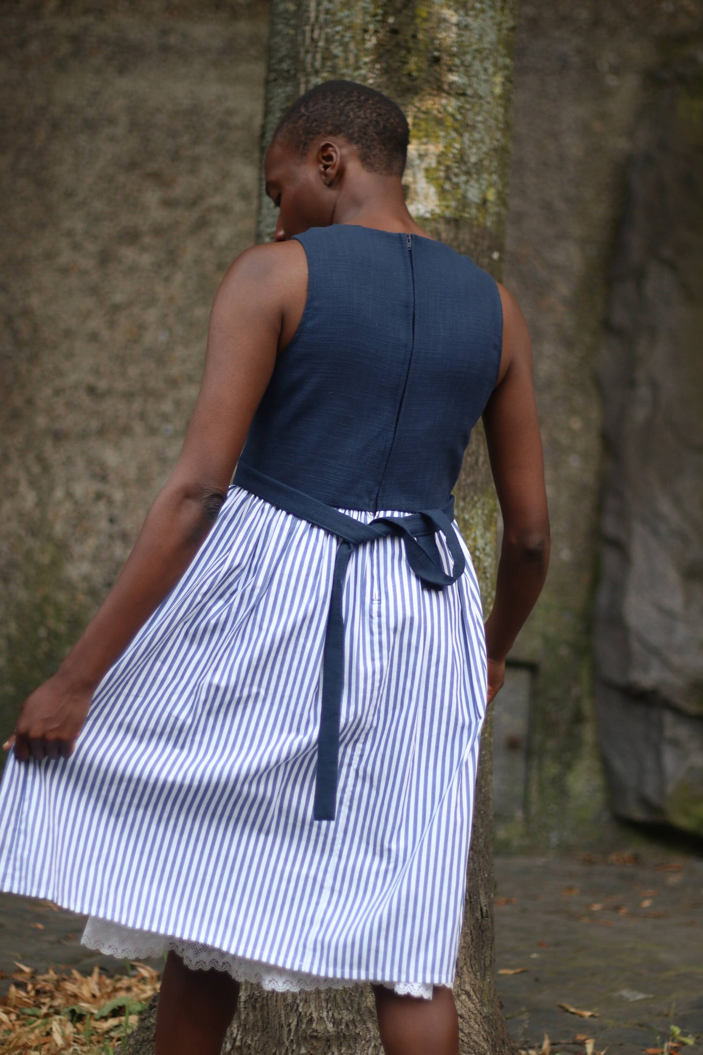 80s Blue & White Striped Summer Dress| Vintage Landhaus sleeveless traditional Austrian dress| Drindl inspired Bavarian cottage core dress