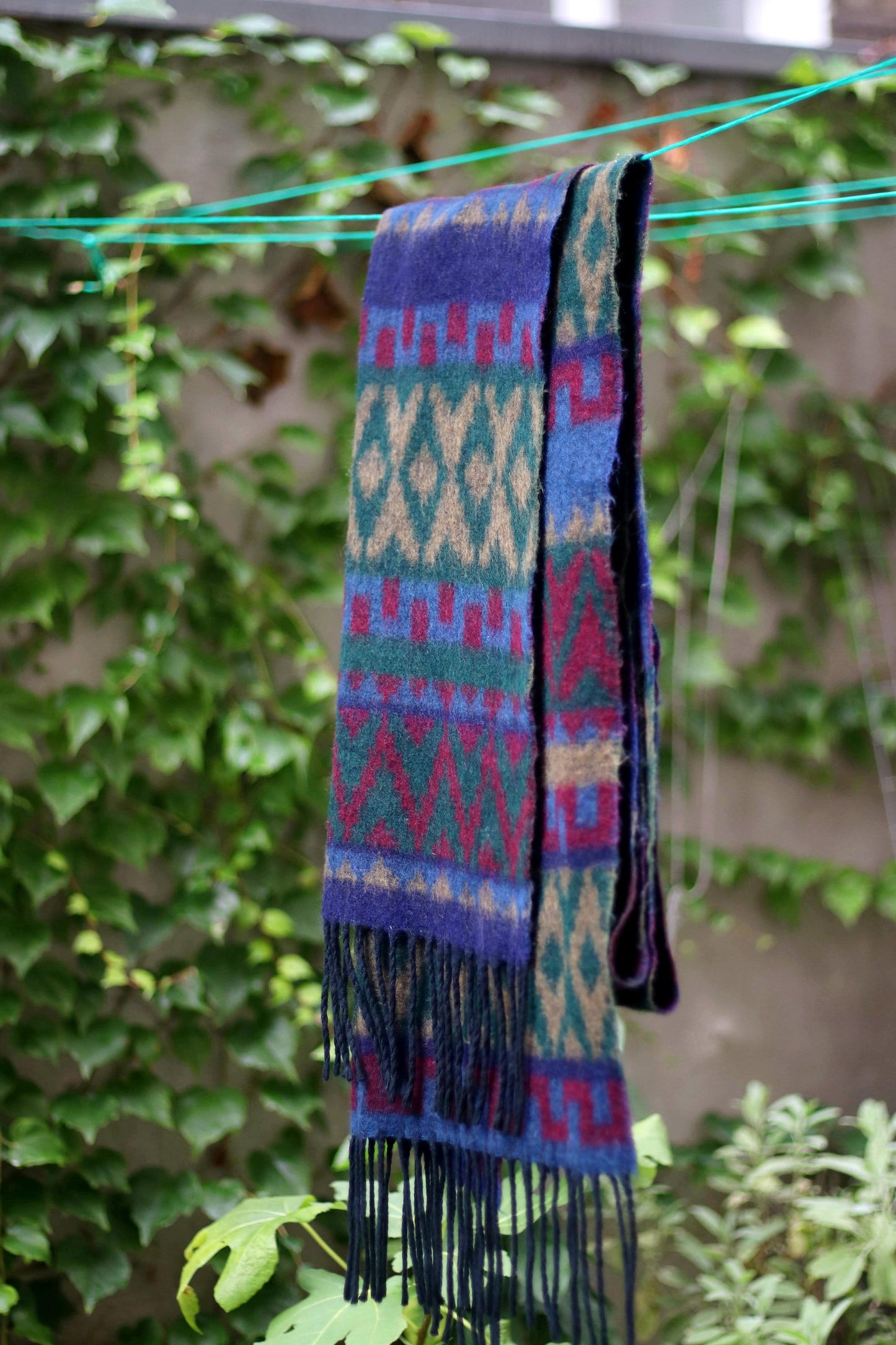 90s Multi Colored Scarf | Vintage oversized blue winter scarf| Quirky print scarf with tassles