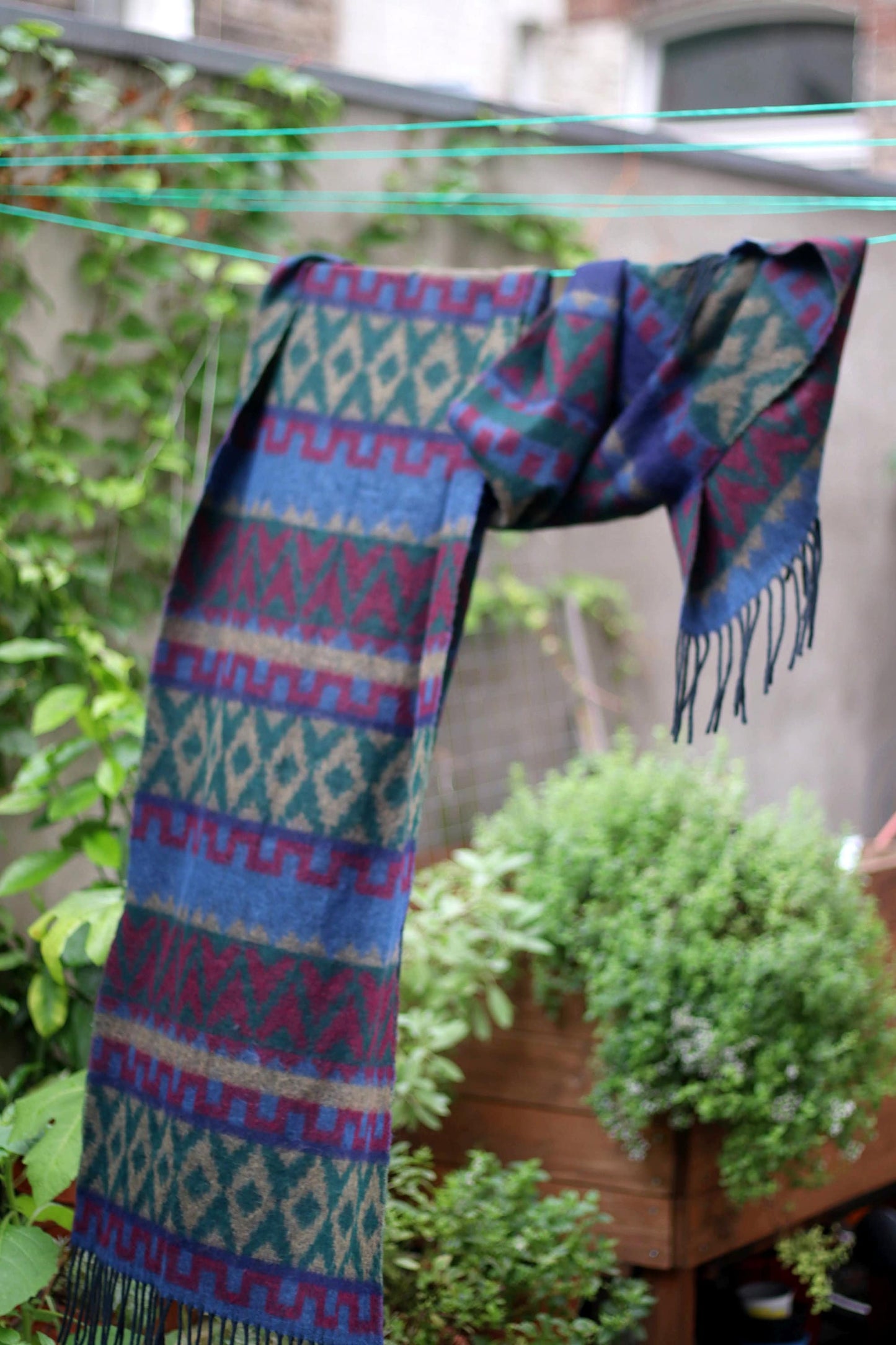 90s Multi Colored Scarf | Vintage oversized blue winter scarf| Quirky print scarf with tassles