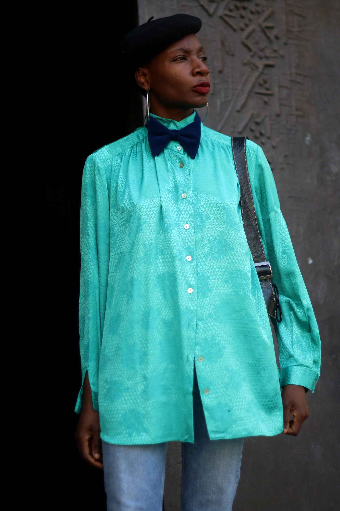 80s Green long sleeved Blouse| Vintage floral print maximalist buttoned down shirt