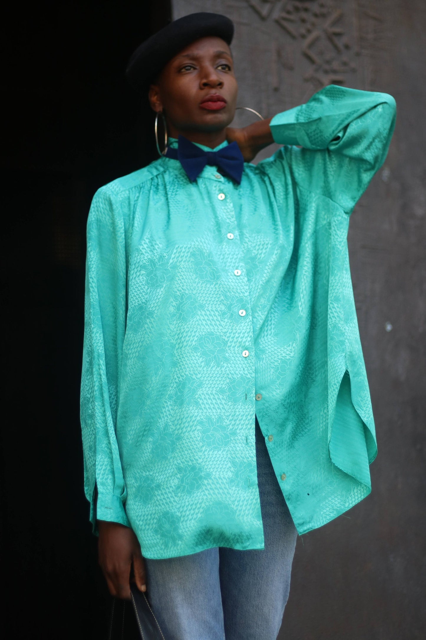 80s Green long sleeved Blouse| Vintage floral print maximalist buttoned down shirt