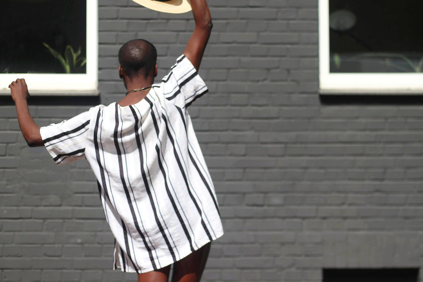 90s Striped linen blend top| Vintage Monochrome summer collarless shirt| Black and white oversized piece