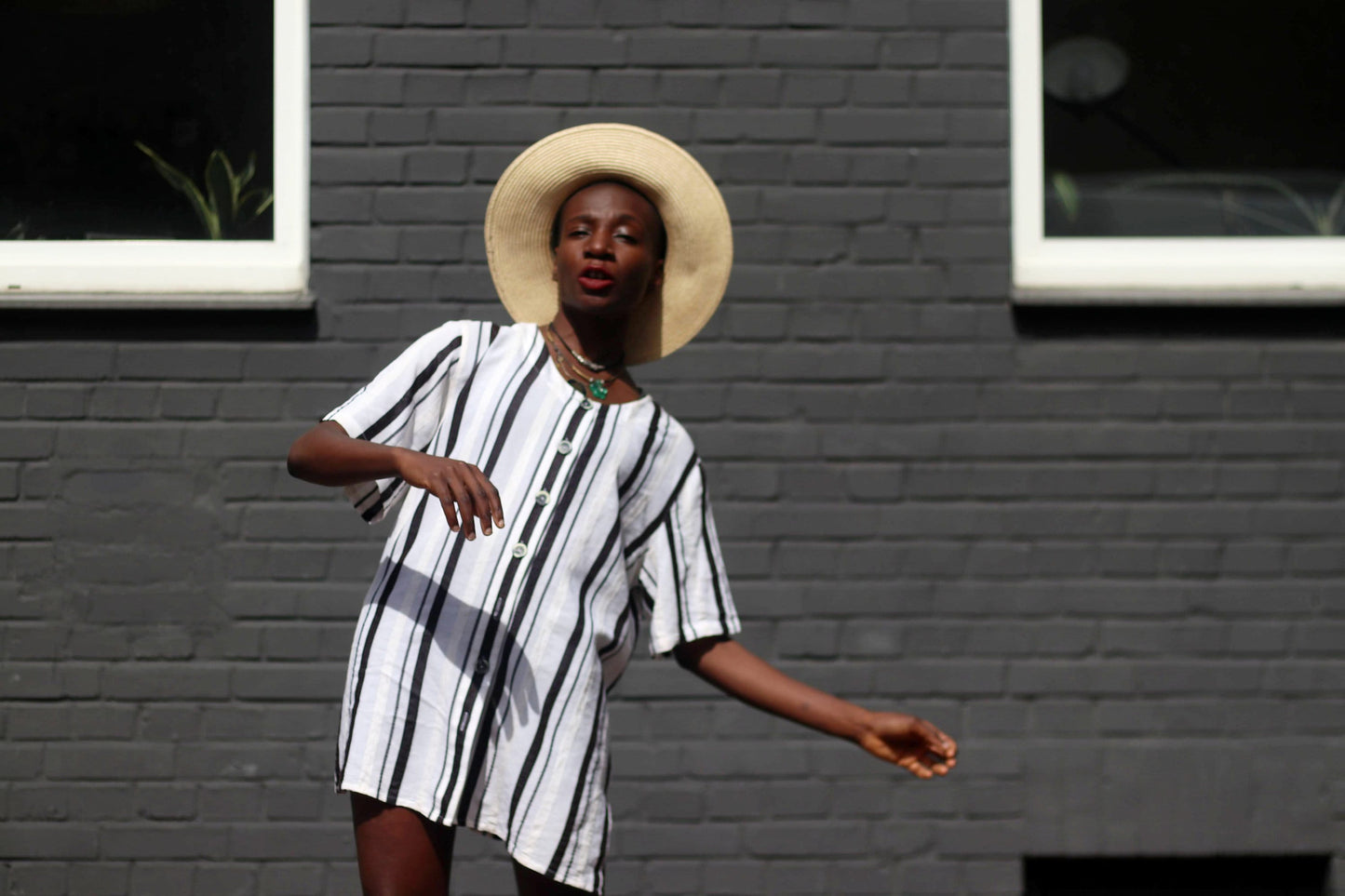 90s Striped linen blend top| Vintage Monochrome summer collarless shirt| Black and white oversized piece