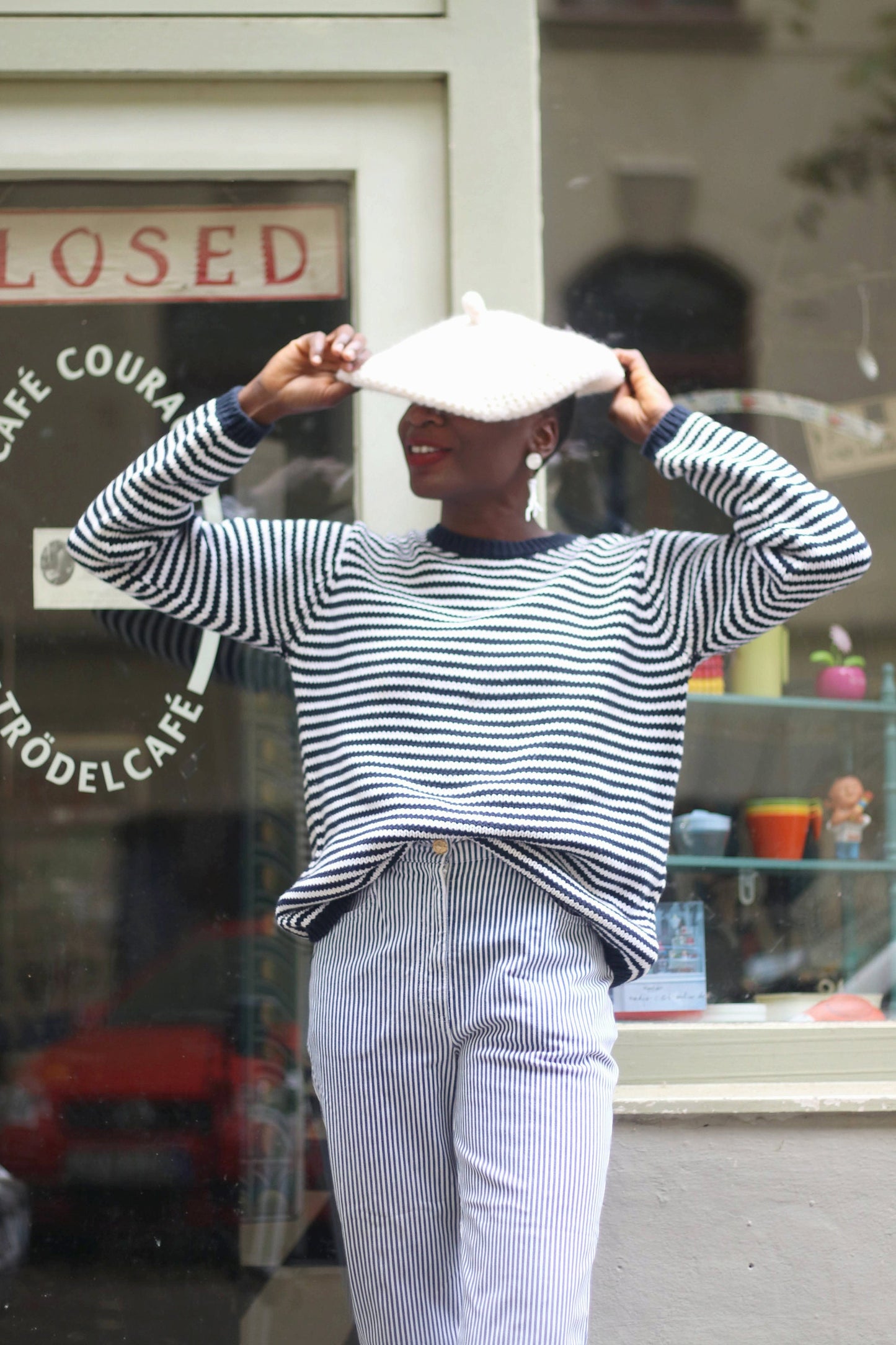 90s Striped Pants| Vintage Minimalist Breton stripes trousers in blue and white| Capsule Wardrobe jeans