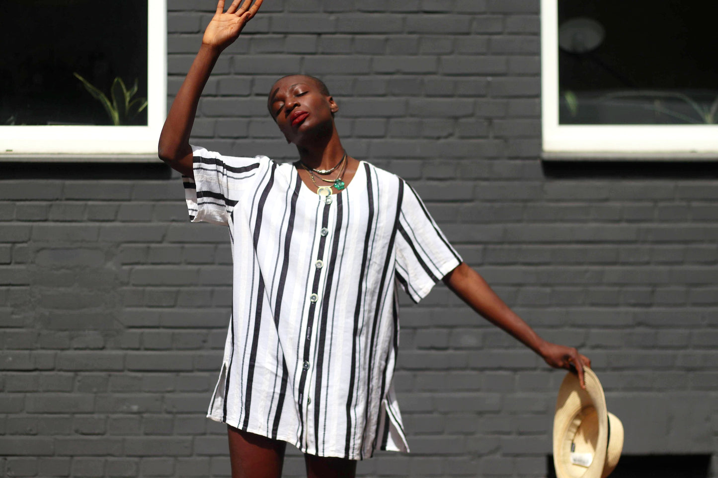 90s Striped linen blend top| Vintage Monochrome summer collarless shirt| Black and white oversized piece