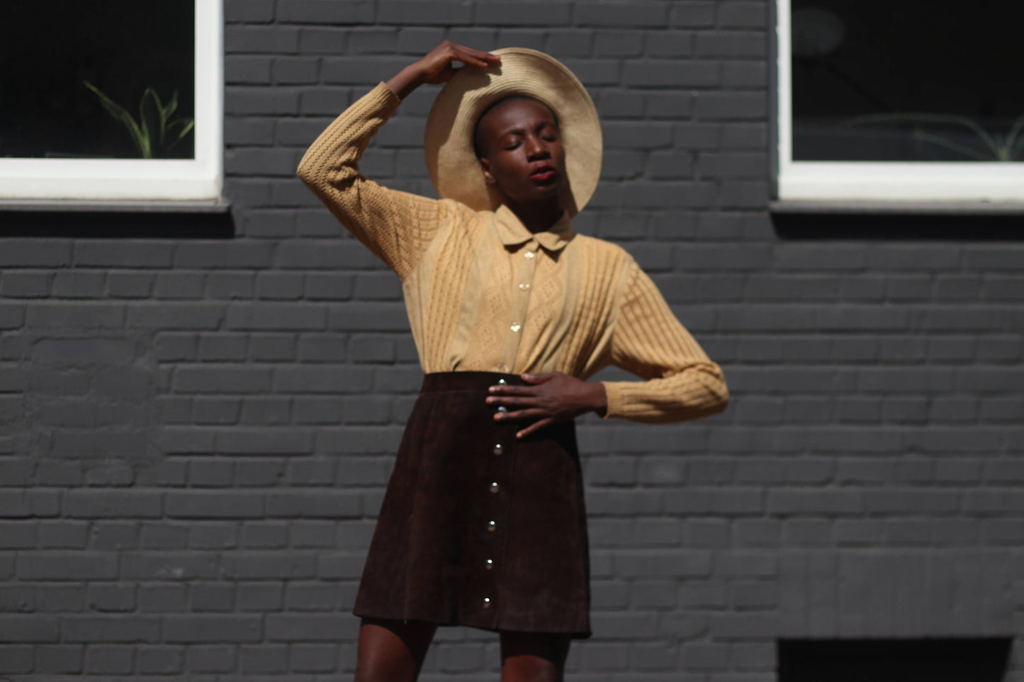 Vintage 70s Perforated Long Sleeved brown top| Minimalist blouse Capsule wardrobe