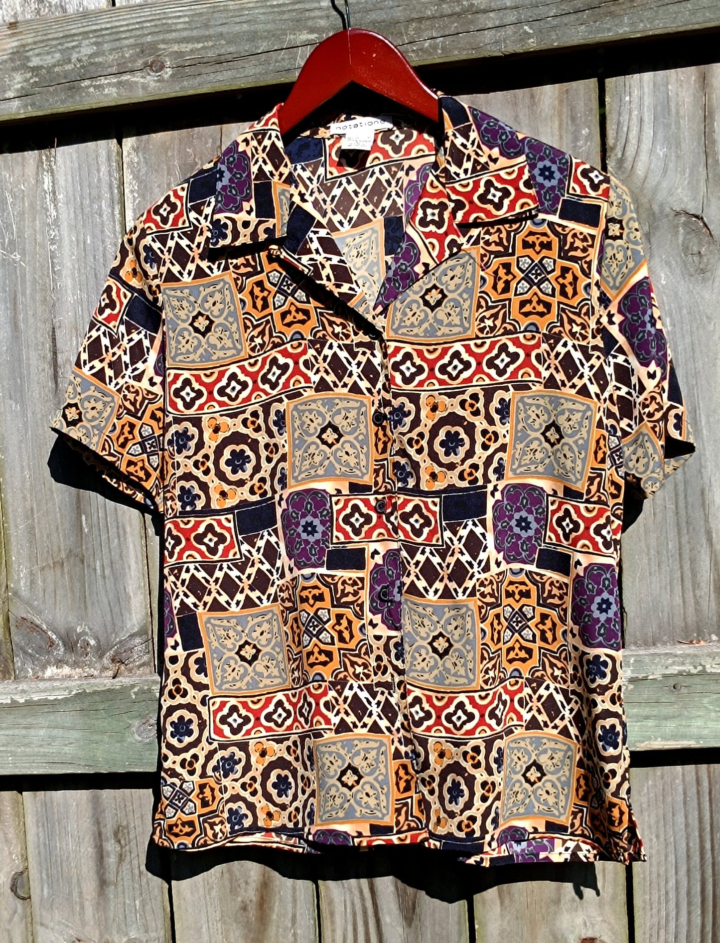 Notations Abstract Print Brown Blouse| 80s Vintage ethnic print shirt| Maximalist buttoned down print design