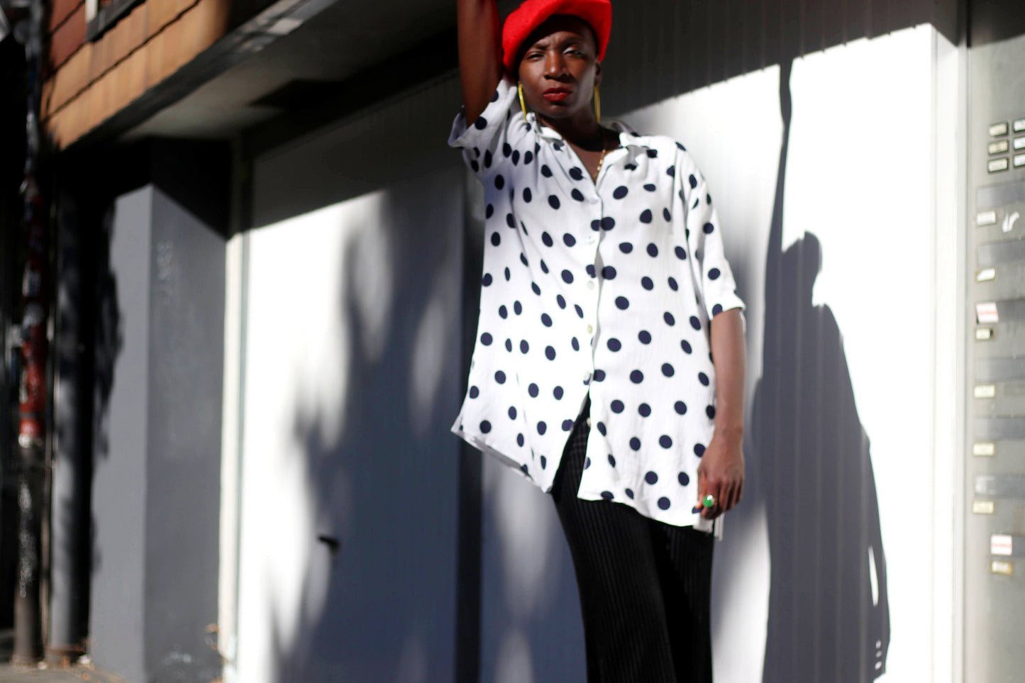 Vintage polka dotted Blouse| 80s Gigi Modelle oversized monochrome shirt in black and white