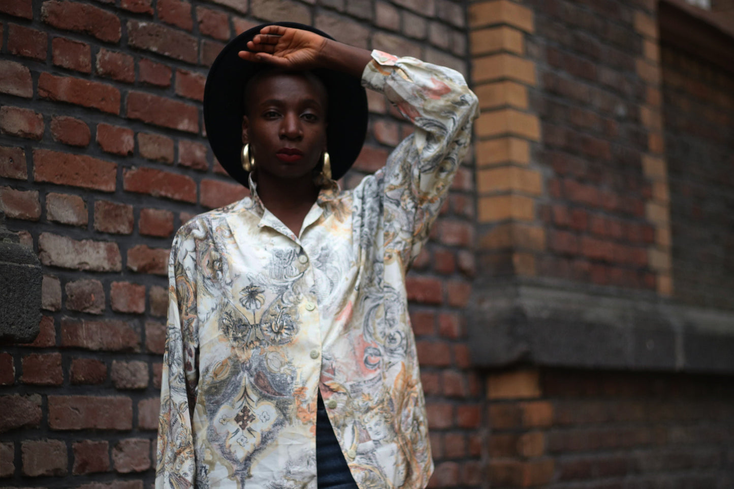 80s crazy print blouse| Vintage Cream and brown Buttoned Down Shirt