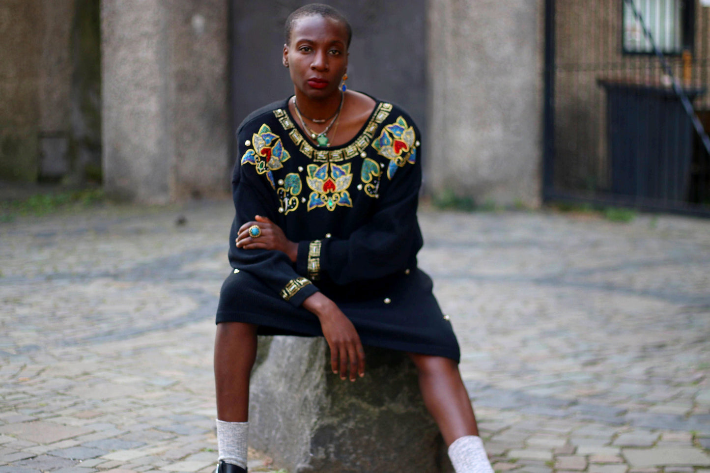 80s V.J Woman Sweater| Vintage black embellished Sweater Dress| Oversized winter knit statement bejewelled details
