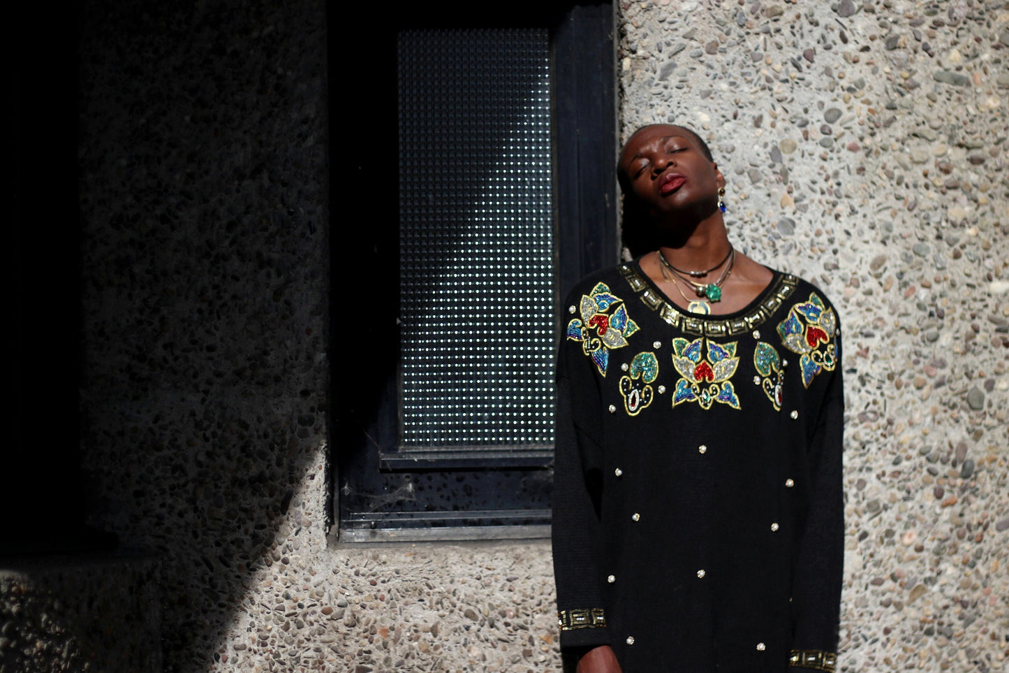 80s V.J Woman Sweater| Vintage black embellished Sweater Dress| Oversized winter knit statement bejewelled details