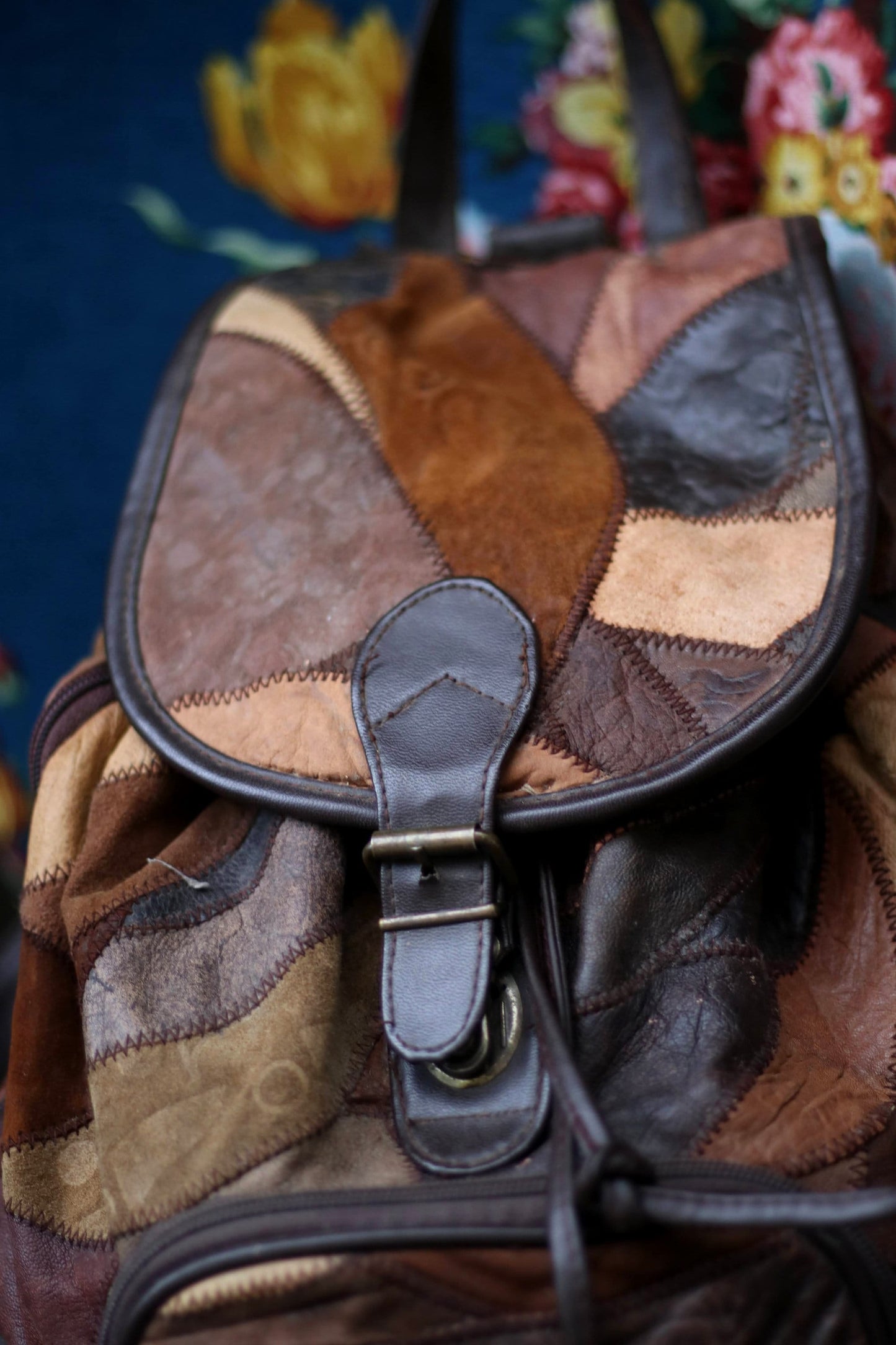 80s Leather Patchwork Backpack| Vintage brown bohoncool bag| Hippy maximalist compact bag design