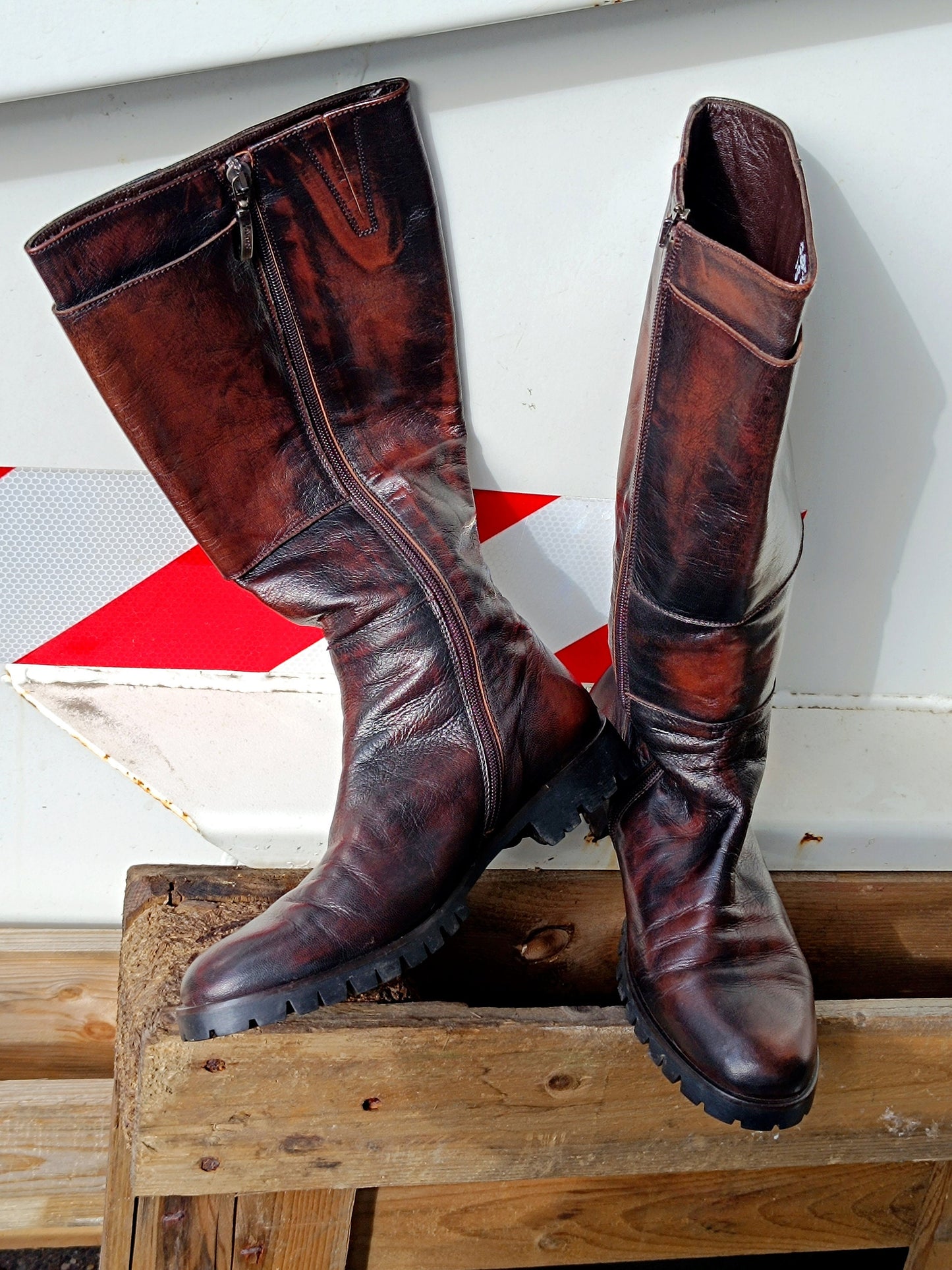 90s Grunge Leather Boots | Vintage red and black knee length boots| Punk inspired tough luxe minimalist shoes size EU 39