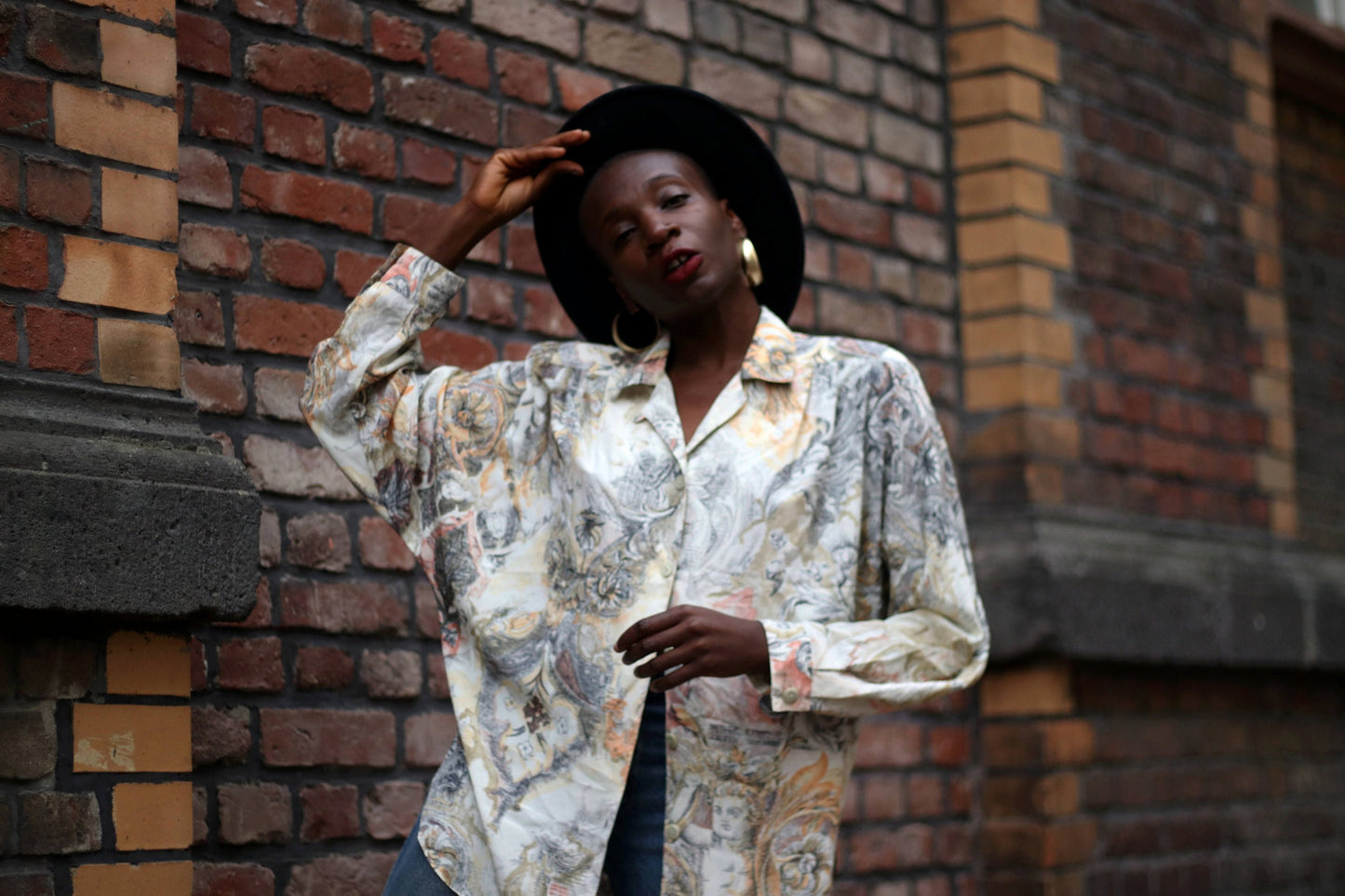 80s crazy print blouse| Vintage Cream and brown Buttoned Down Shirt