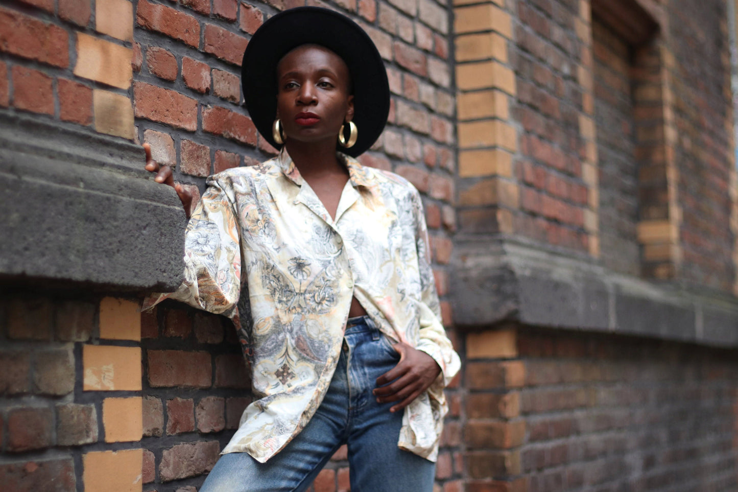 80s crazy print blouse| Vintage Cream and brown Buttoned Down Shirt