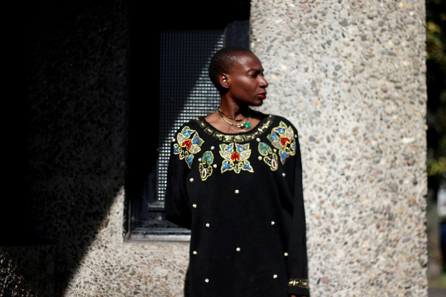 80s V.J Woman Sweater| Vintage black embellished Sweater Dress| Oversized winter knit statement bejewelled details