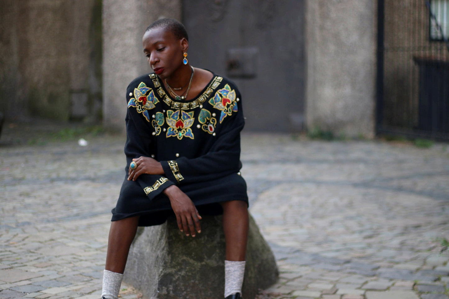 80s V.J Woman Sweater| Vintage black embellished Sweater Dress| Oversized winter knit statement bejewelled details