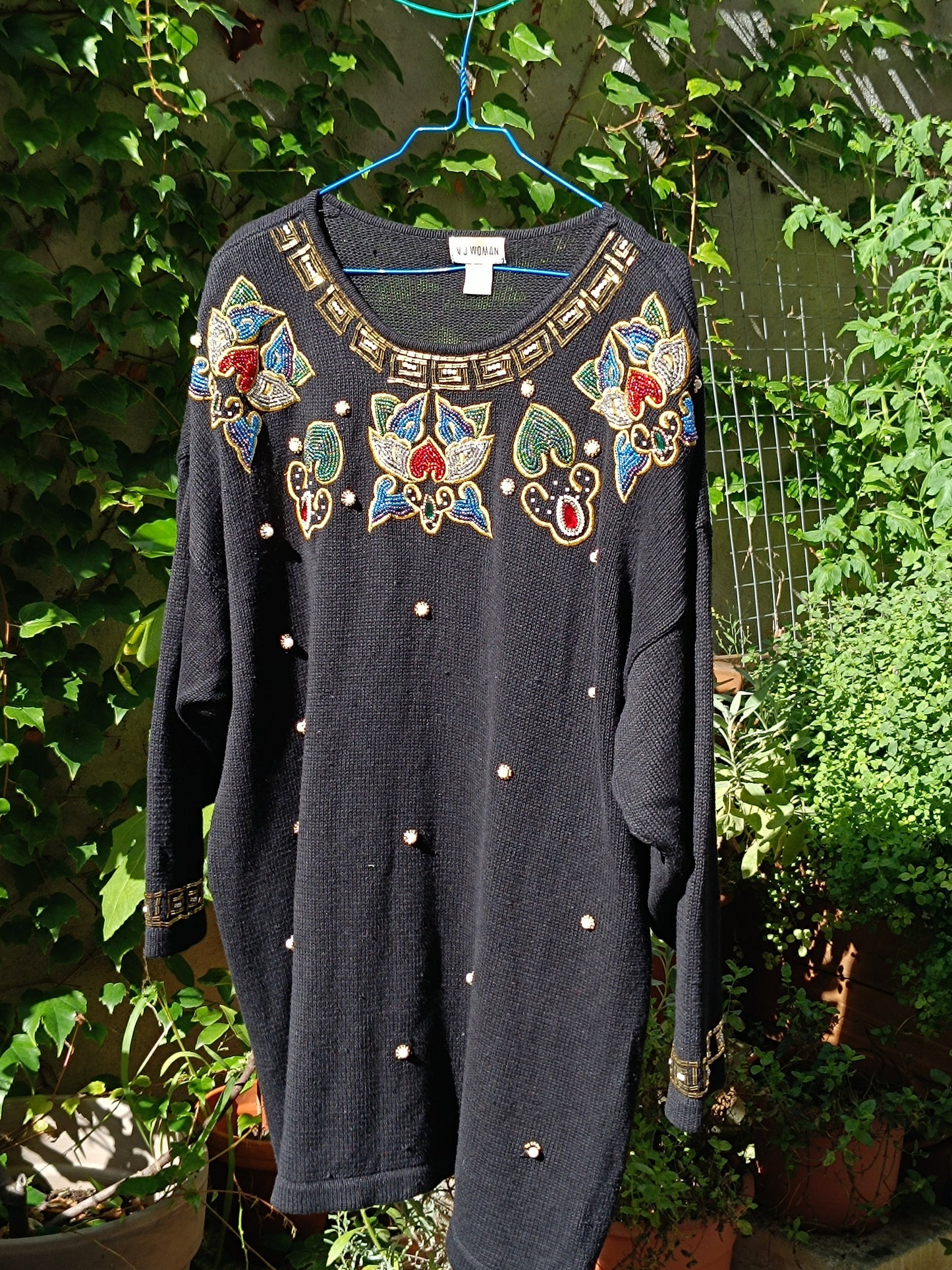 80s V.J Woman Sweater| Vintage black embellished Sweater Dress| Oversized winter knit statement bejewelled details