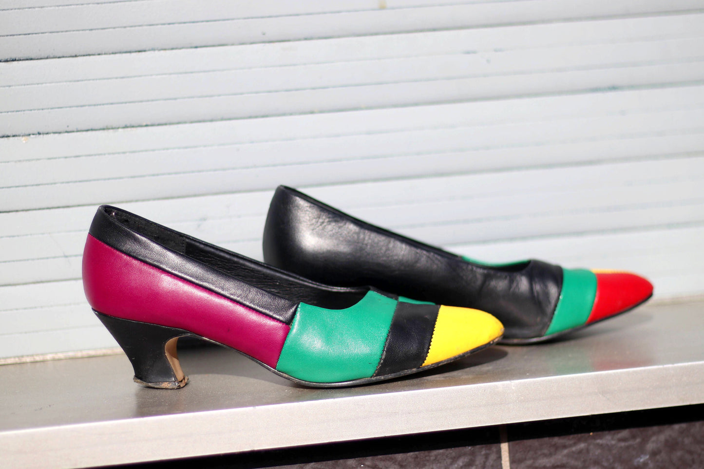 Rare 80s Barbarella Colorful Pumps| Vintage Multi colored bold leather heels| Retro colorblocking red, yellow and green shoes