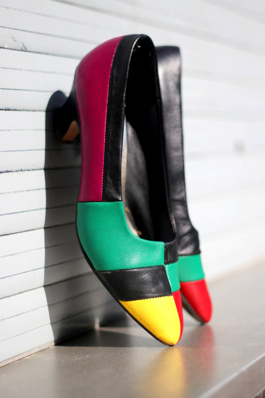 Rare 80s Barbarella Colorful Pumps| Vintage Multi colored bold leather heels| Retro colorblocking red, yellow and green shoes