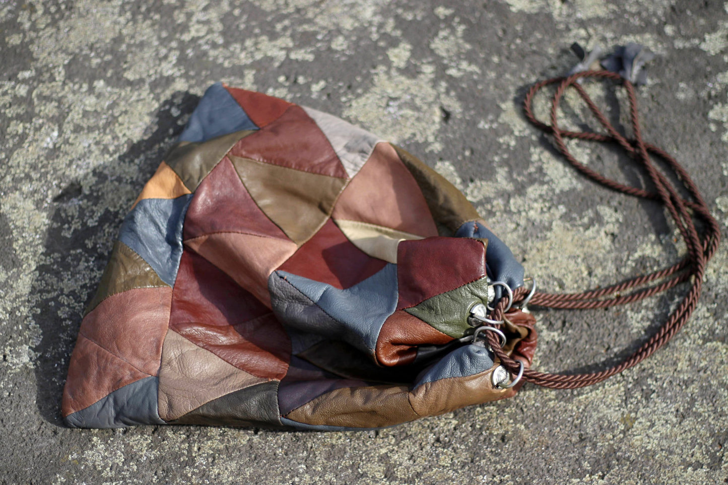 90s patchwork leather bag| Vintage brown and grey statement compact boho handbag| On trend bohemian handbag| Maximalist compact shoulderbag