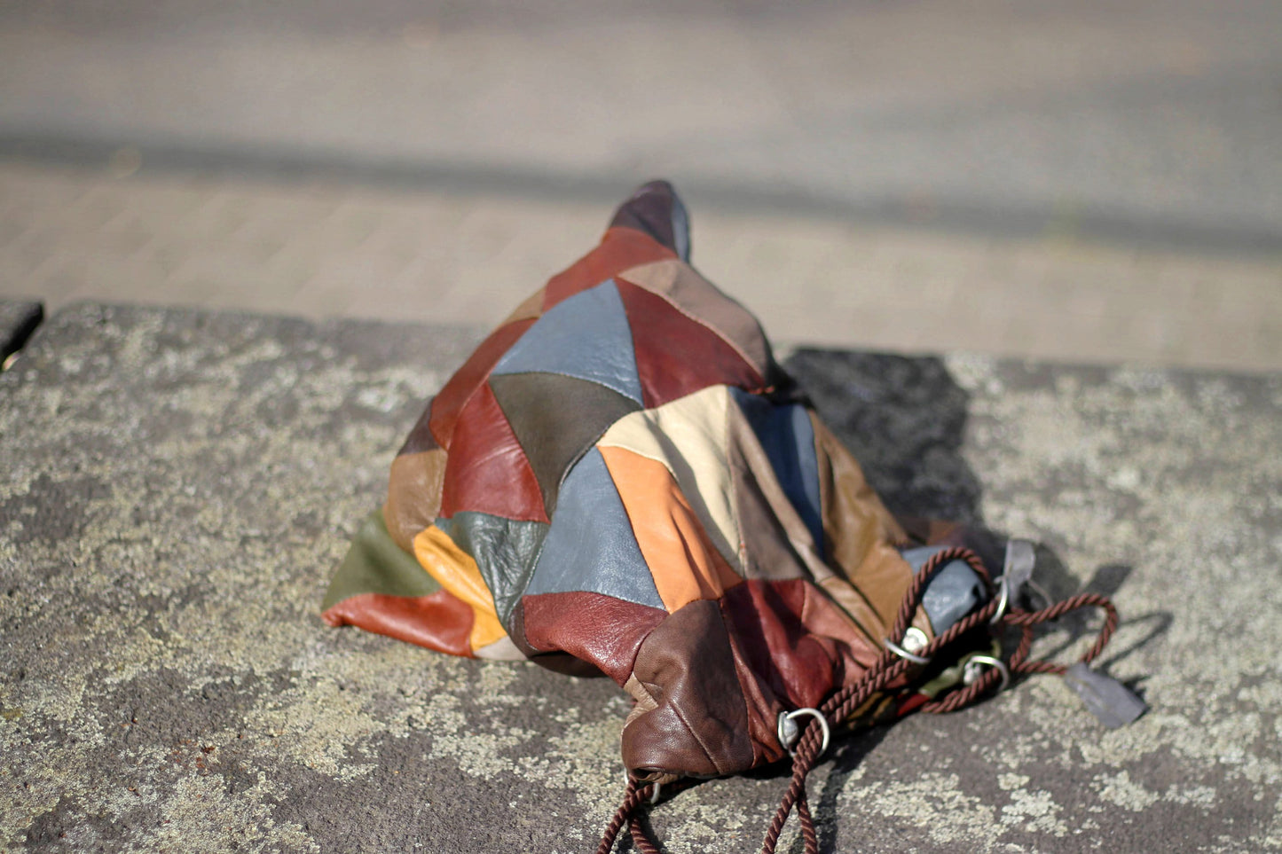 90s patchwork leather bag| Vintage brown and grey statement compact boho handbag| On trend bohemian handbag| Maximalist compact shoulderbag