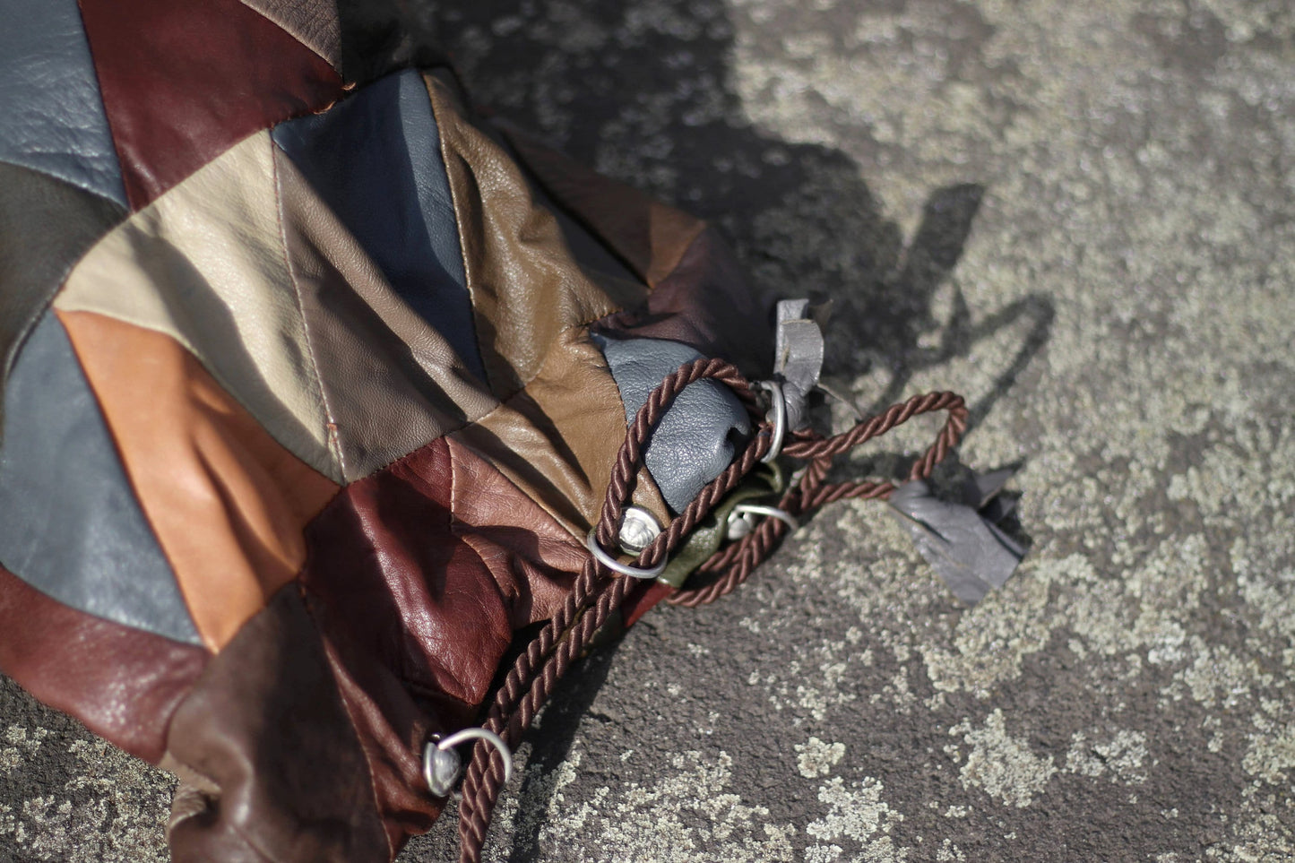 90s patchwork leather bag| Vintage brown and grey statement compact boho handbag| On trend bohemian handbag| Maximalist compact shoulderbag