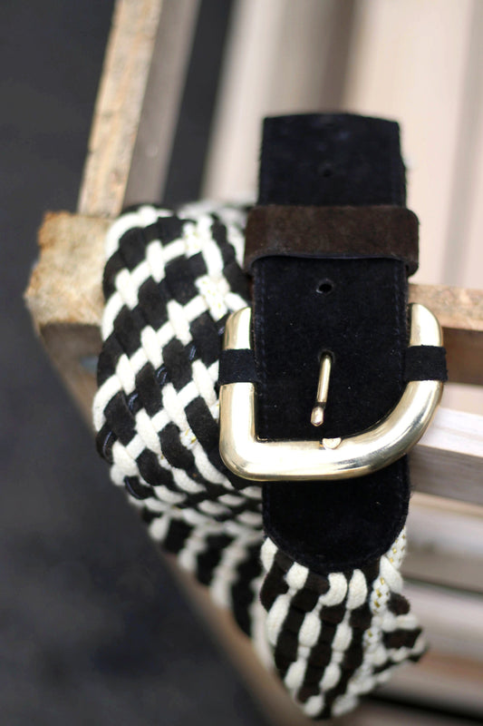 90s Suede Woven belt| Vintage Chic Women's brown and cream belt| Minimalist Mix Medium Belt for Capsule Wardrobe