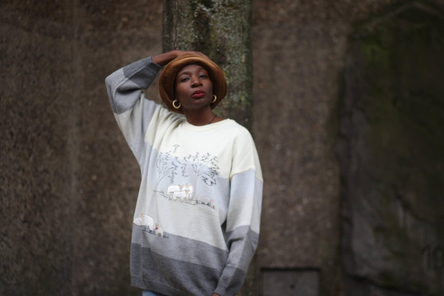 90s Novelty Sweater| Vintage Women's Wool Blend Sweater| Crazy Sheep Print Crewneck| Quaint Cottage Core Grey and Brown long sleeved Knit |