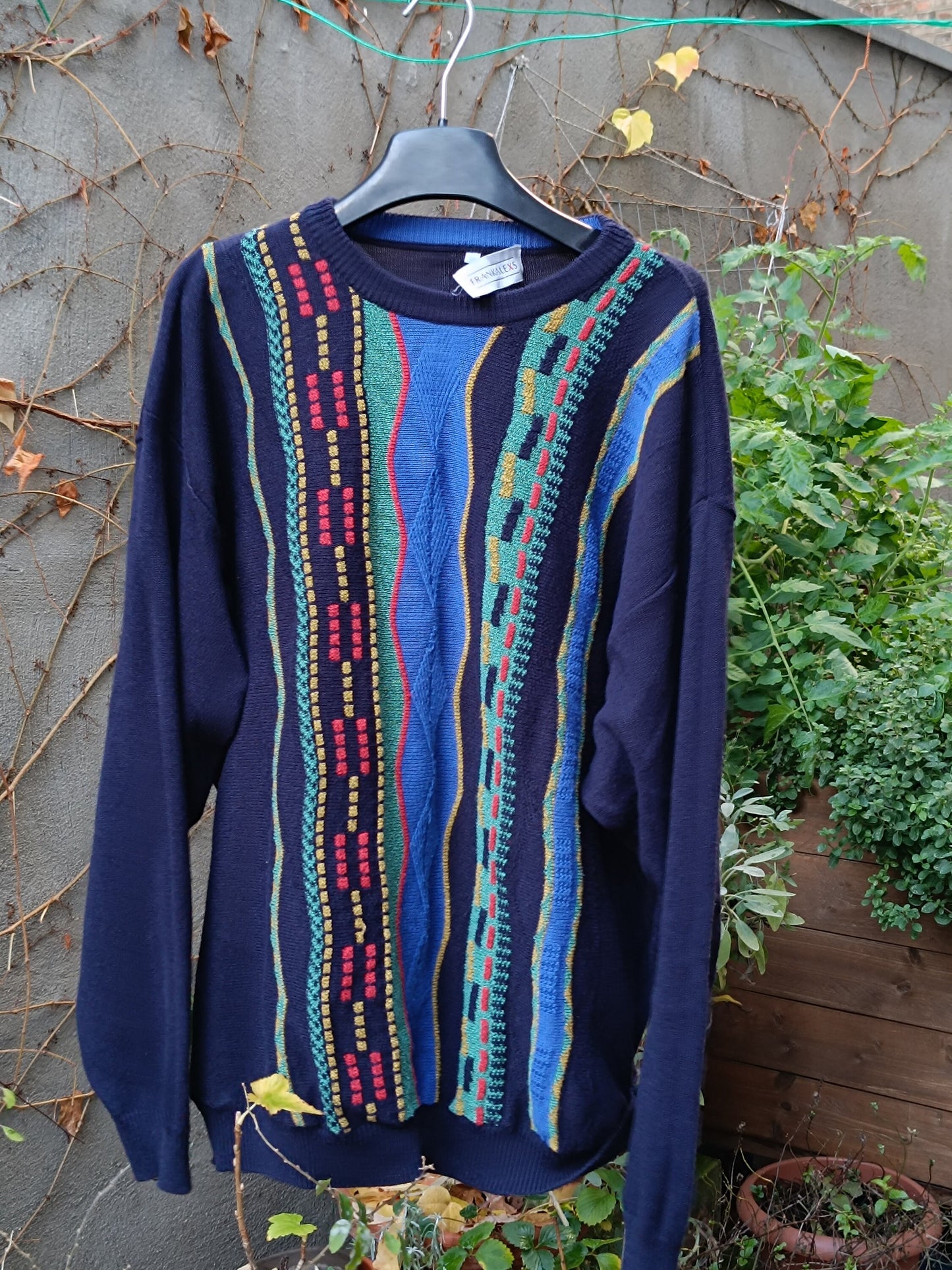 90s Frank Alexs Crazy Print Sweater| Vintage Blue Patterned Sweater| Women's Colorful Winter Knit| Cosby Style Men's Sweater