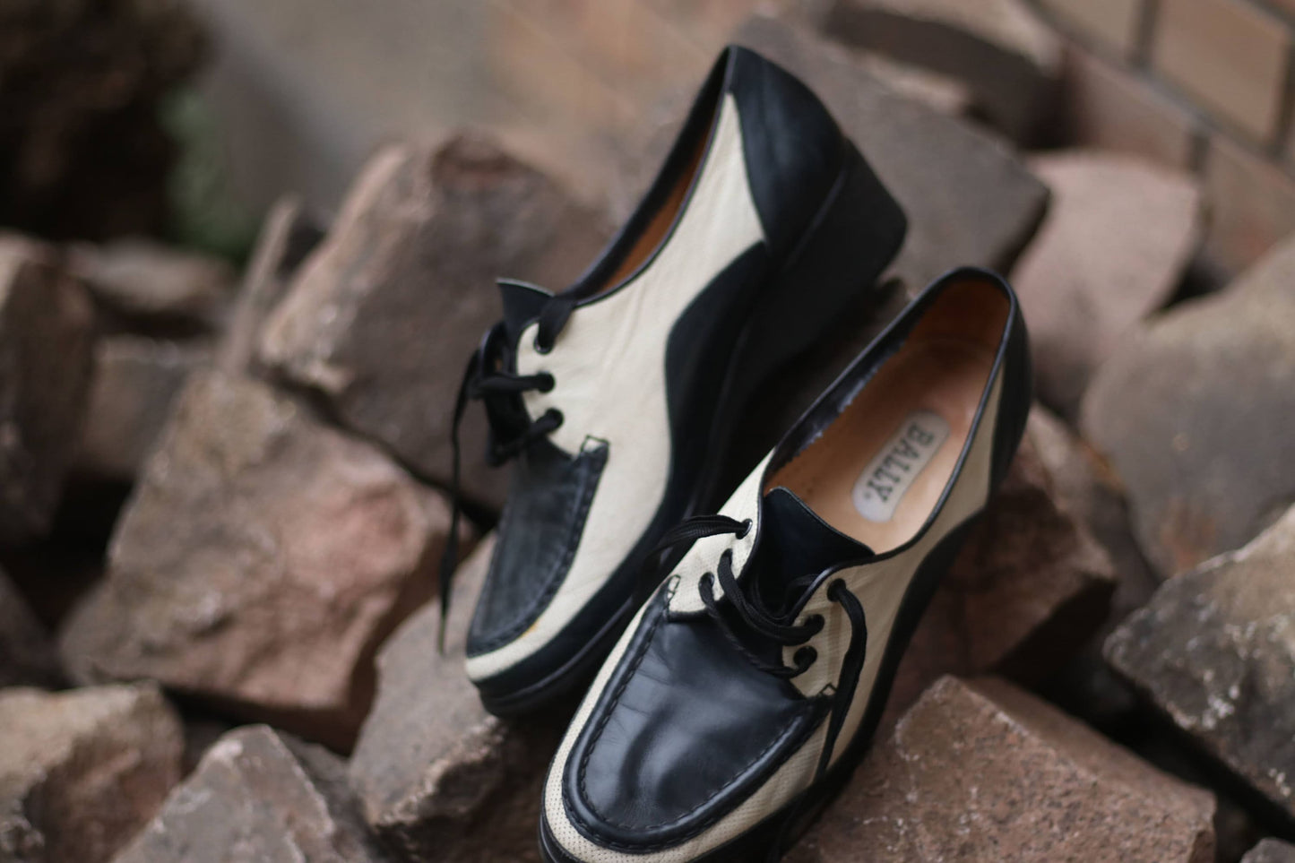 90s Bally Brogues| Vintage Leather Black and White Oxfords| Minimalist Monochrome lace up shoes| Timeless Dapper Footwear