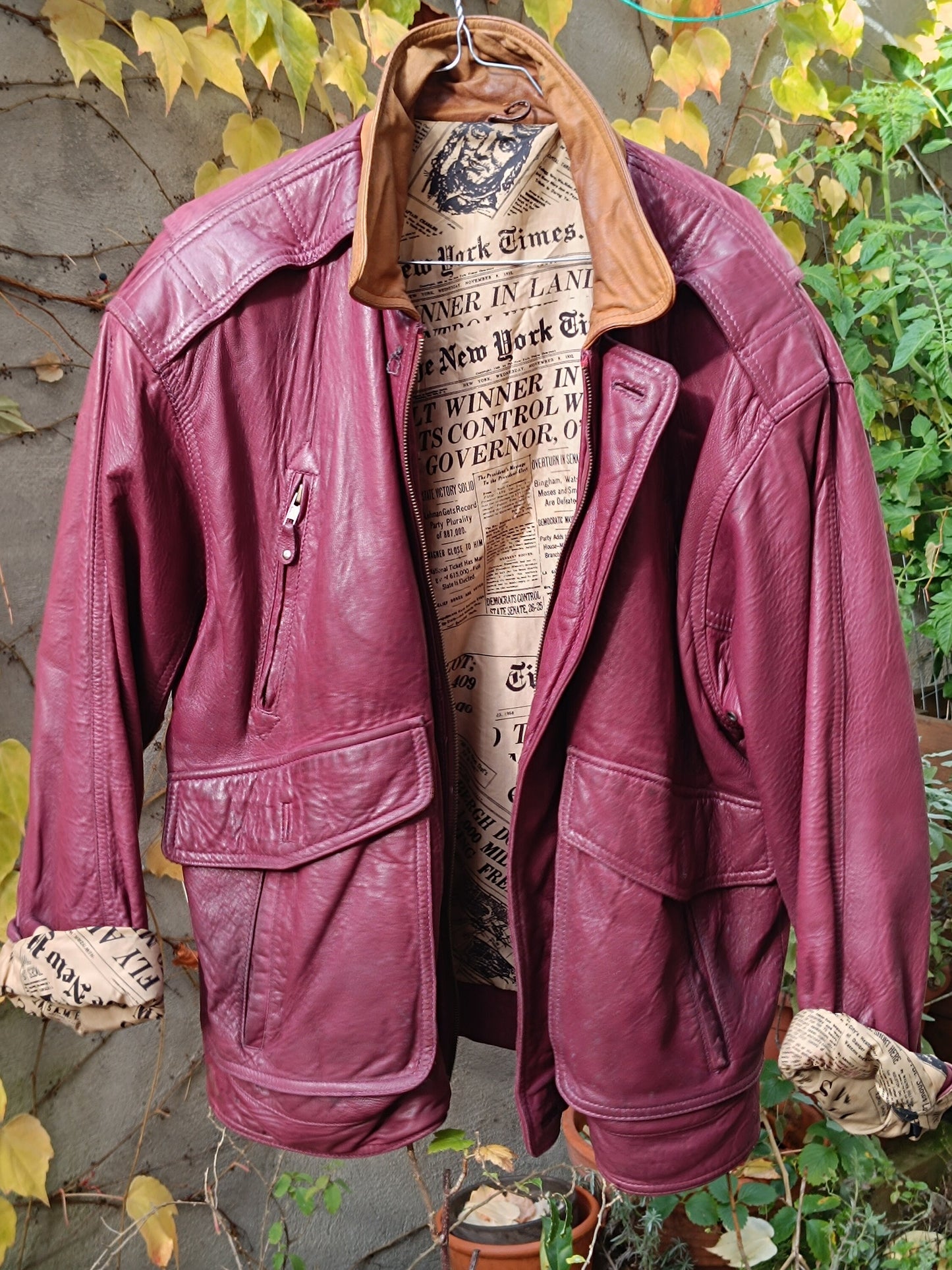 80s Leather Jacket | Vintage Women's Biker Coat| Red Newspaper print Jacket | Street wear Winter Leather Coat for Men