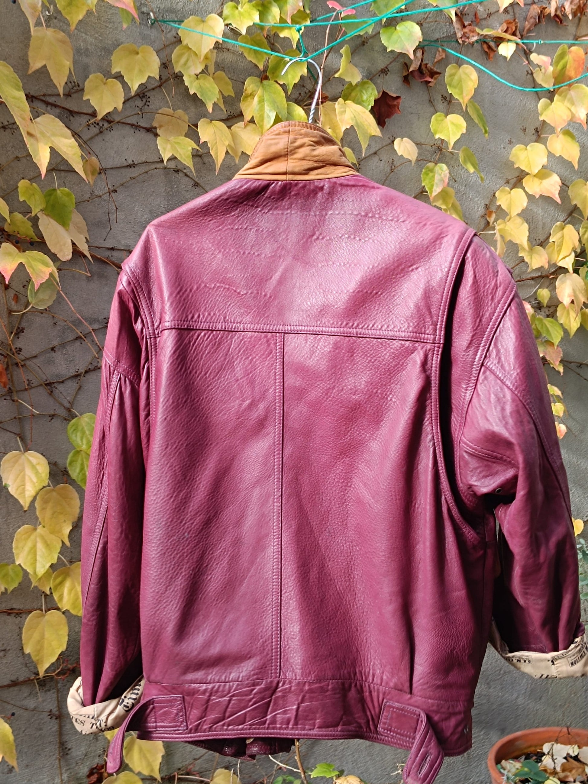 80s Leather Jacket | Vintage Women's Biker Coat| Red Newspaper print Jacket | Street wear Winter Leather Coat for Men